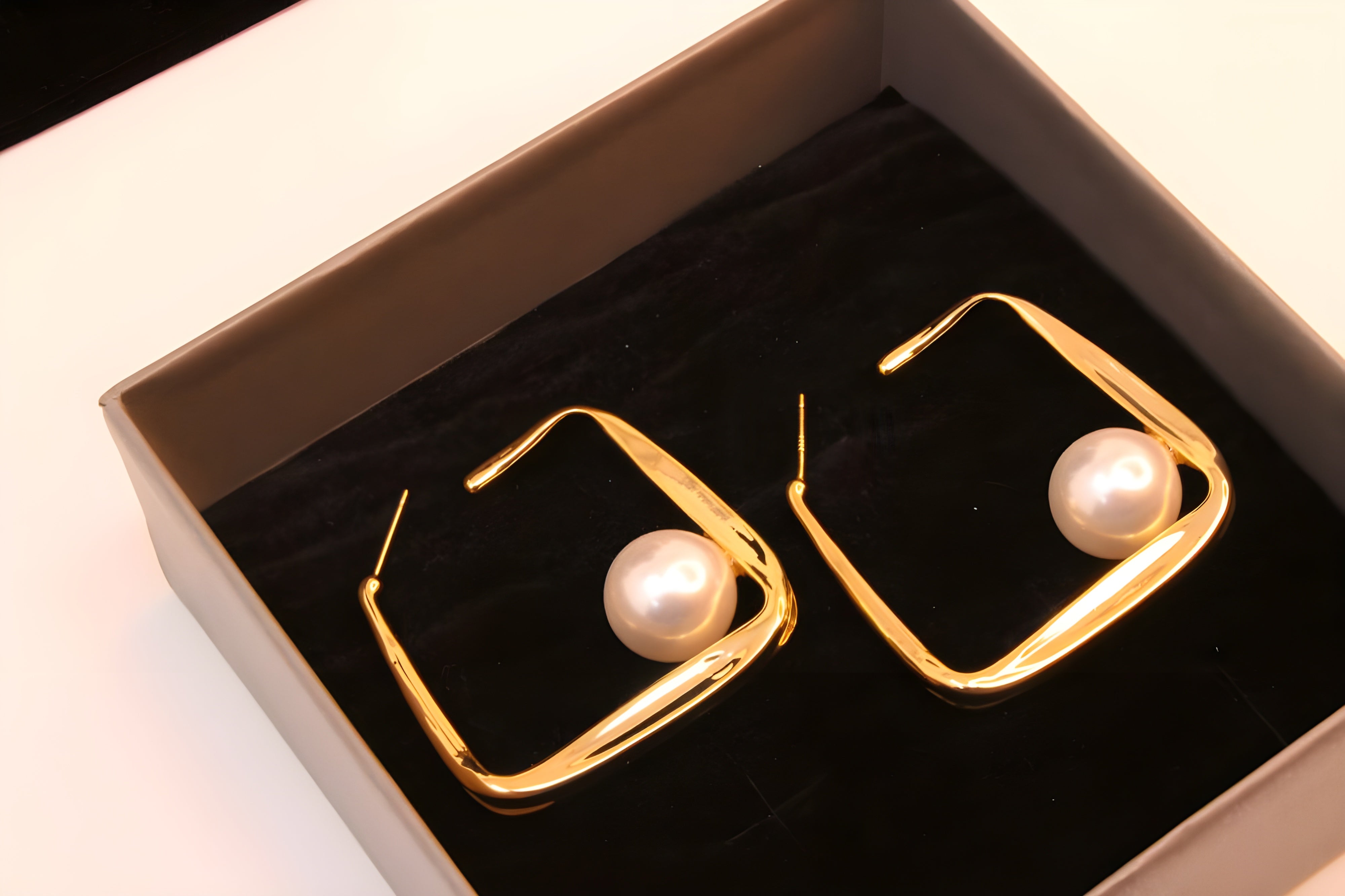 Golden Toned Pearl Rectangle Earrings