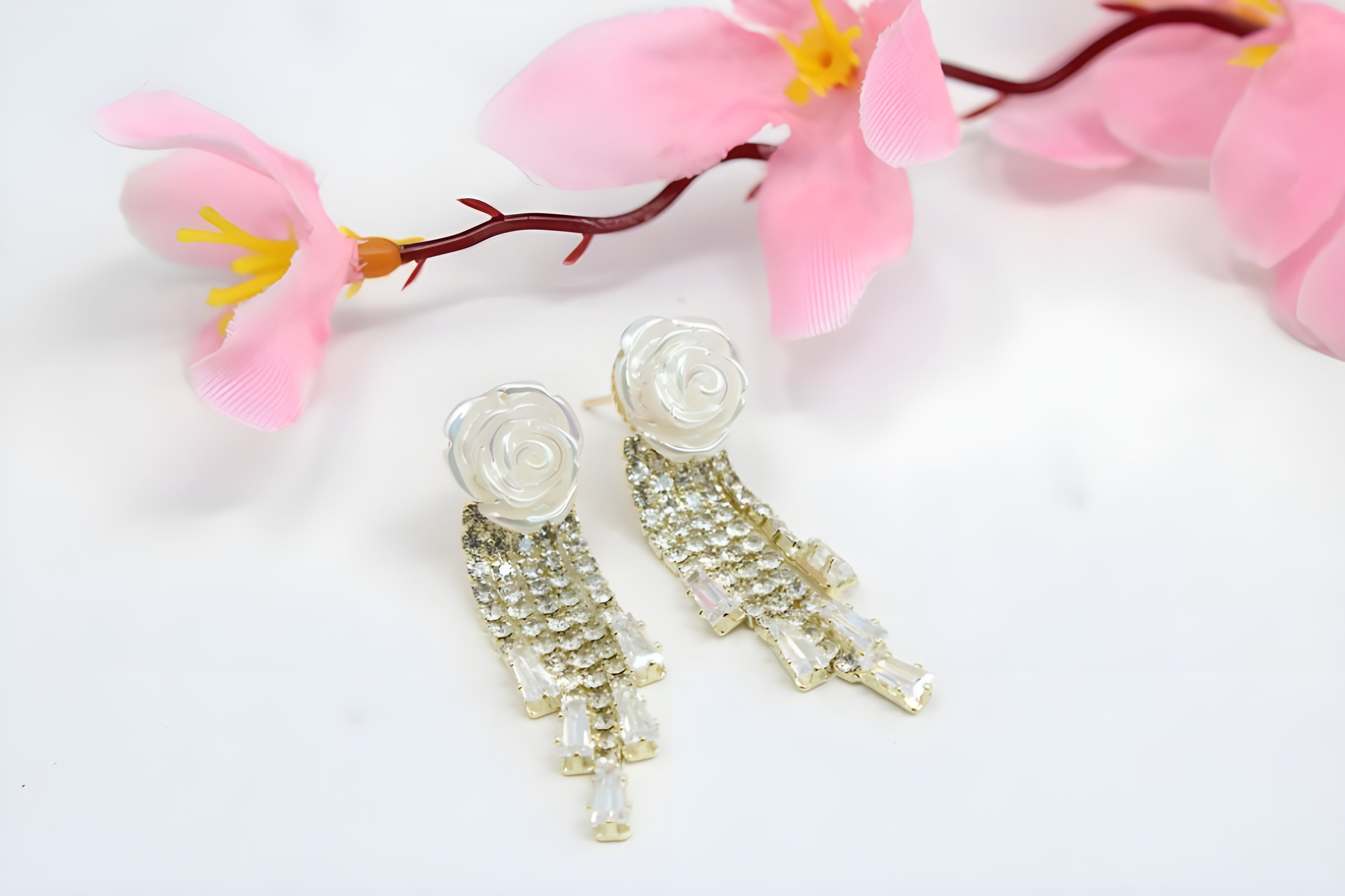 Blooming Elegance: White Rose Pearl Design Earrings with Hanging Pearls