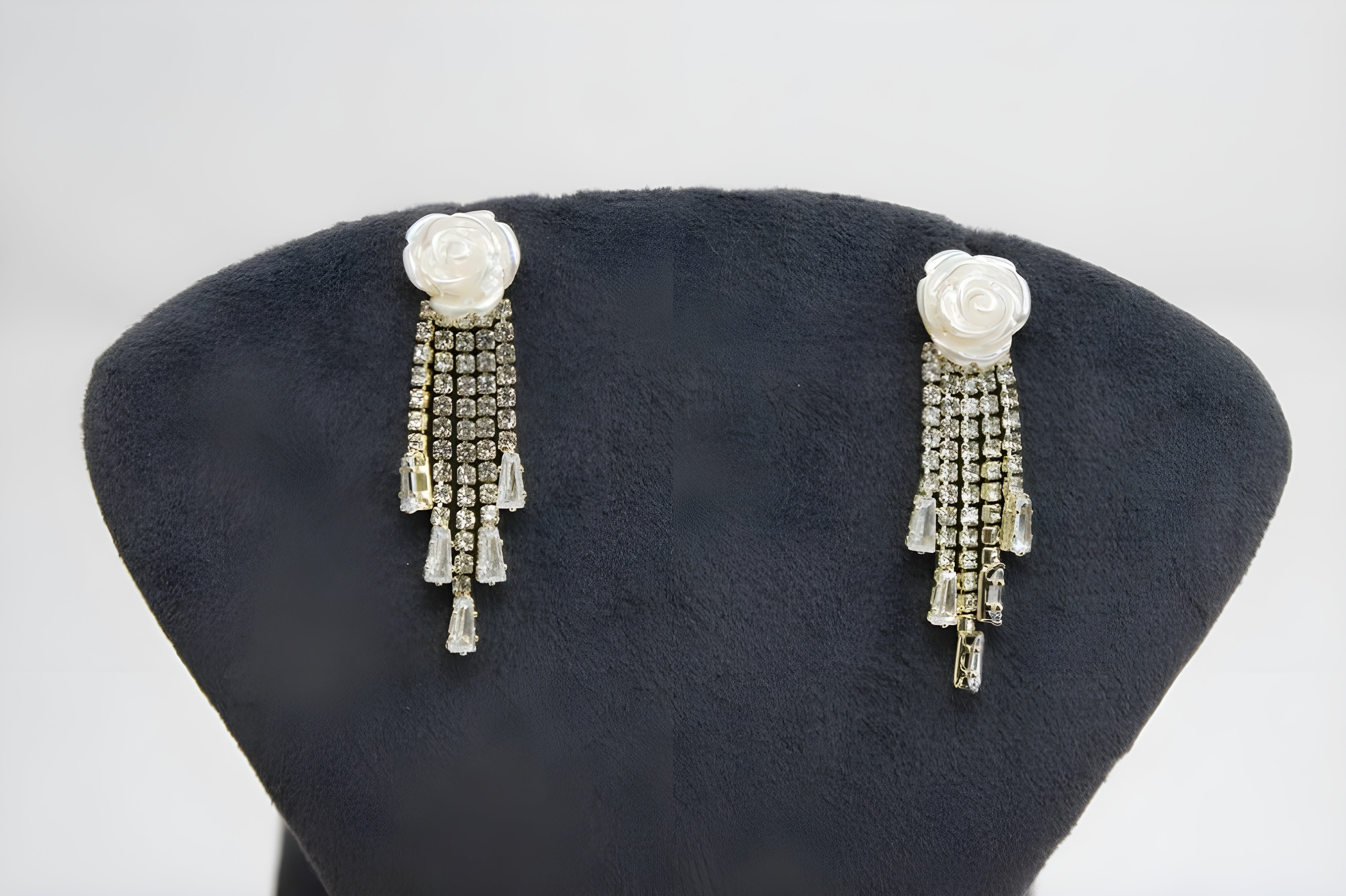 Blooming Elegance: White Rose Pearl Design Earrings with Hanging Pearls