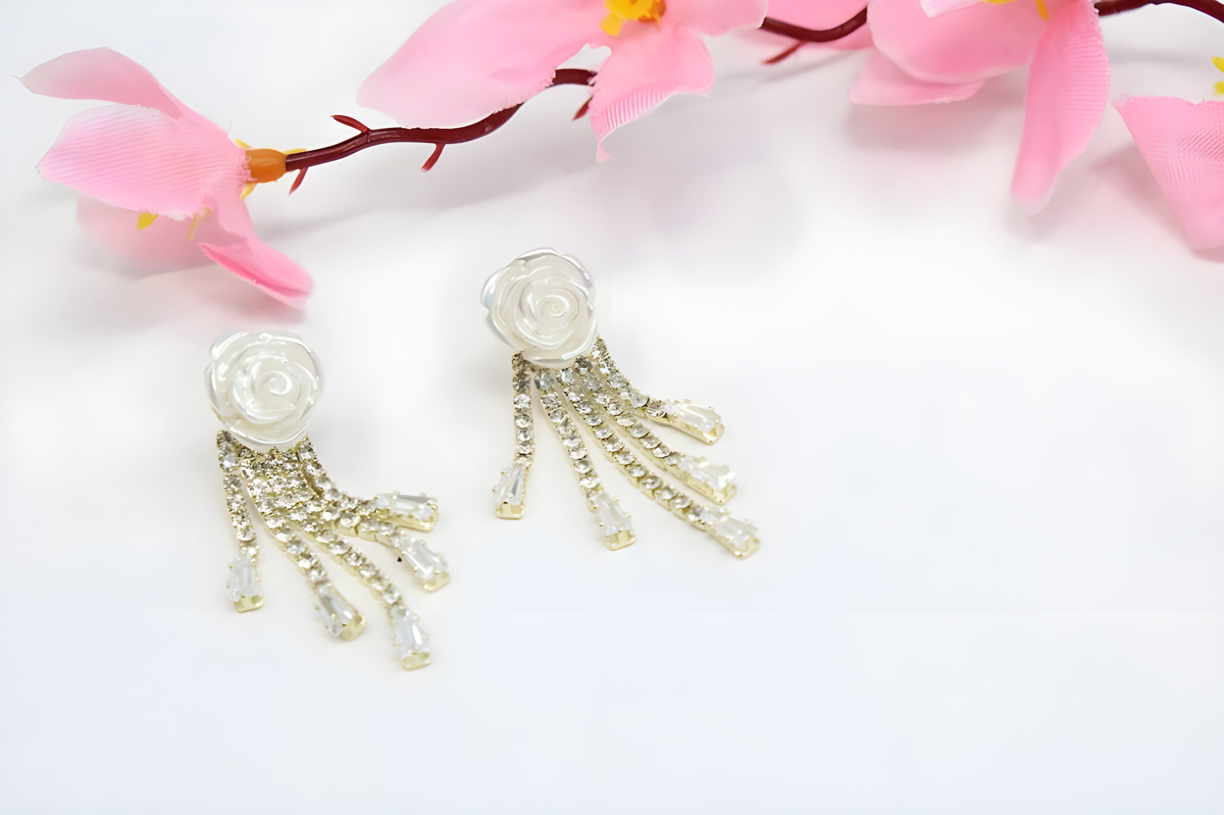 Blooming Elegance: White Rose Pearl Design Earrings with Hanging Pearls