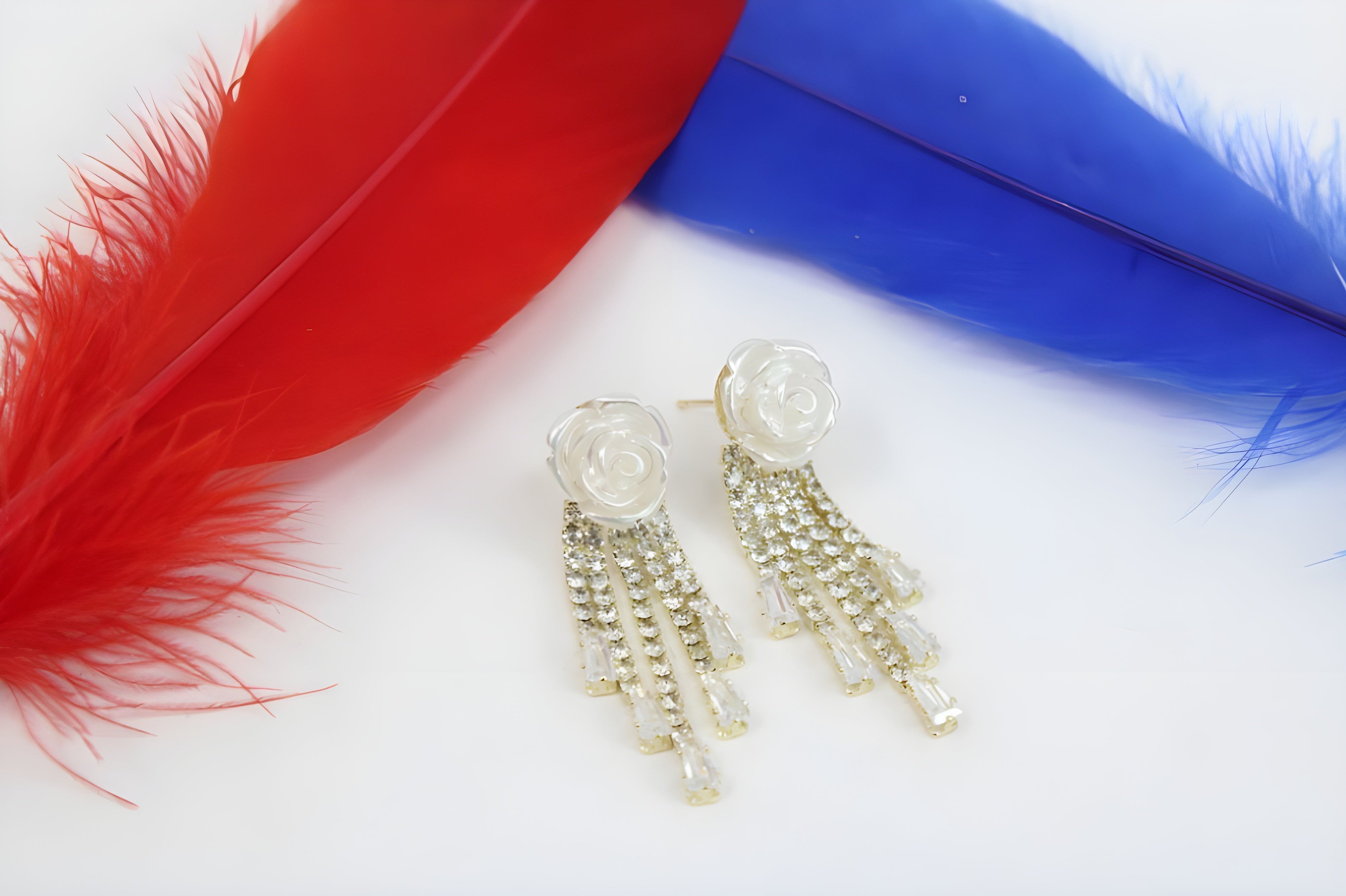Blooming Elegance: White Rose Pearl Design Earrings with Hanging Pearls