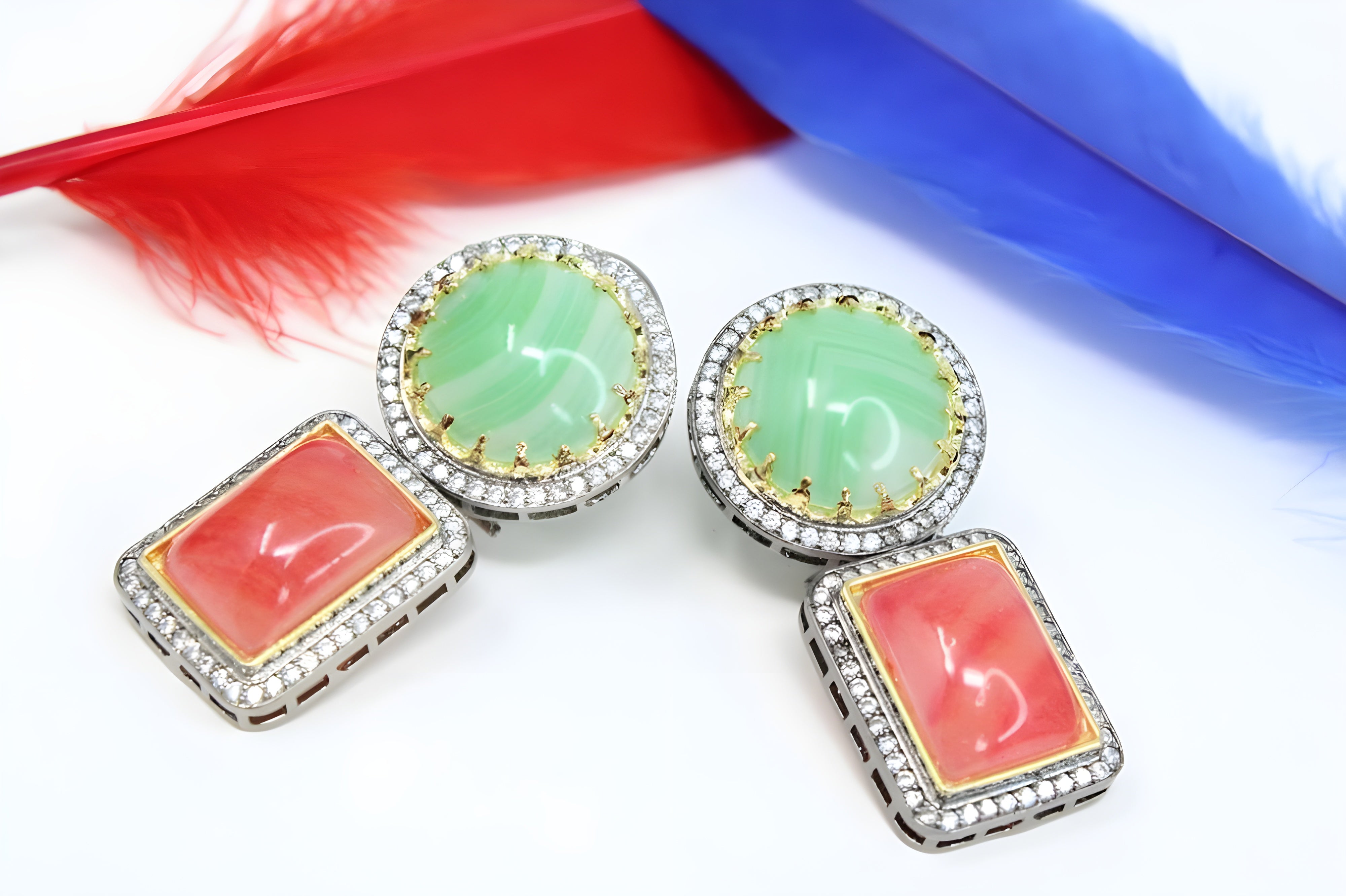 Elegant Multicolor Gemstone Drop Earrings – Pink & Blue, Green & Red, Green Yellow & Red