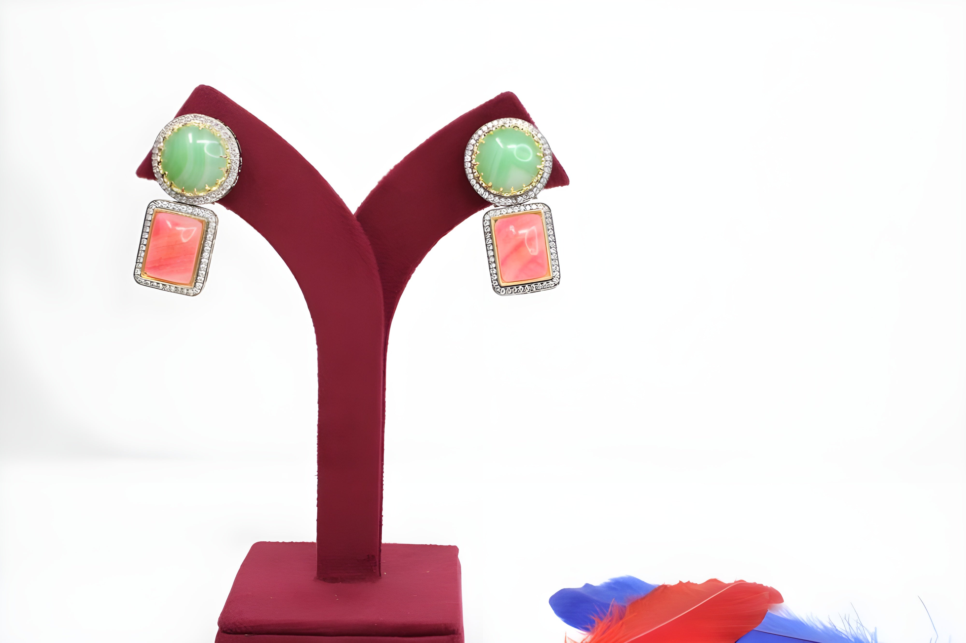 Elegant Multicolor Gemstone Drop Earrings – Pink & Blue, Green & Red, Green Yellow & Red