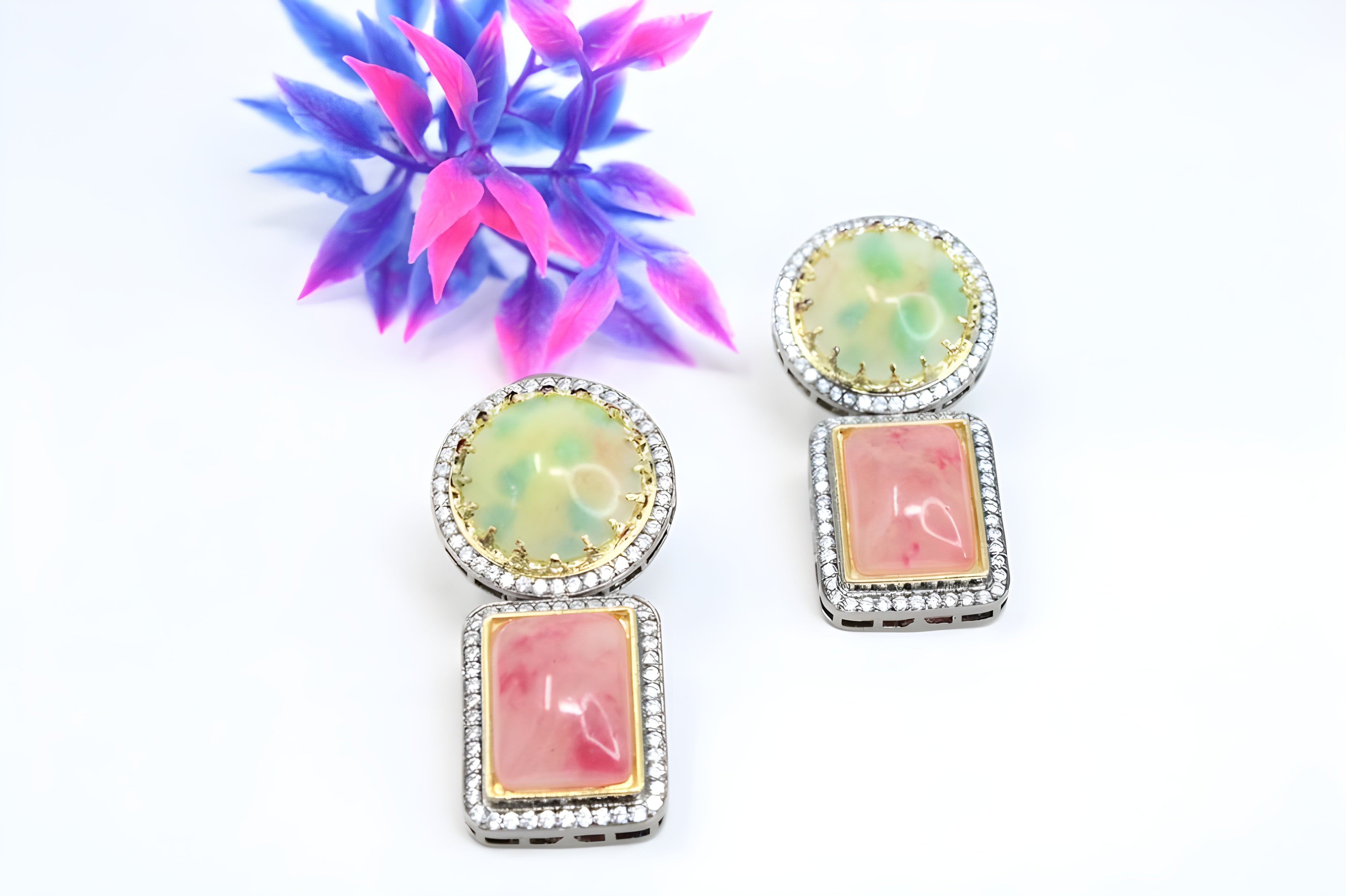 Elegant Multicolor Gemstone Drop Earrings – Pink & Blue, Green & Red, Green Yellow & Red