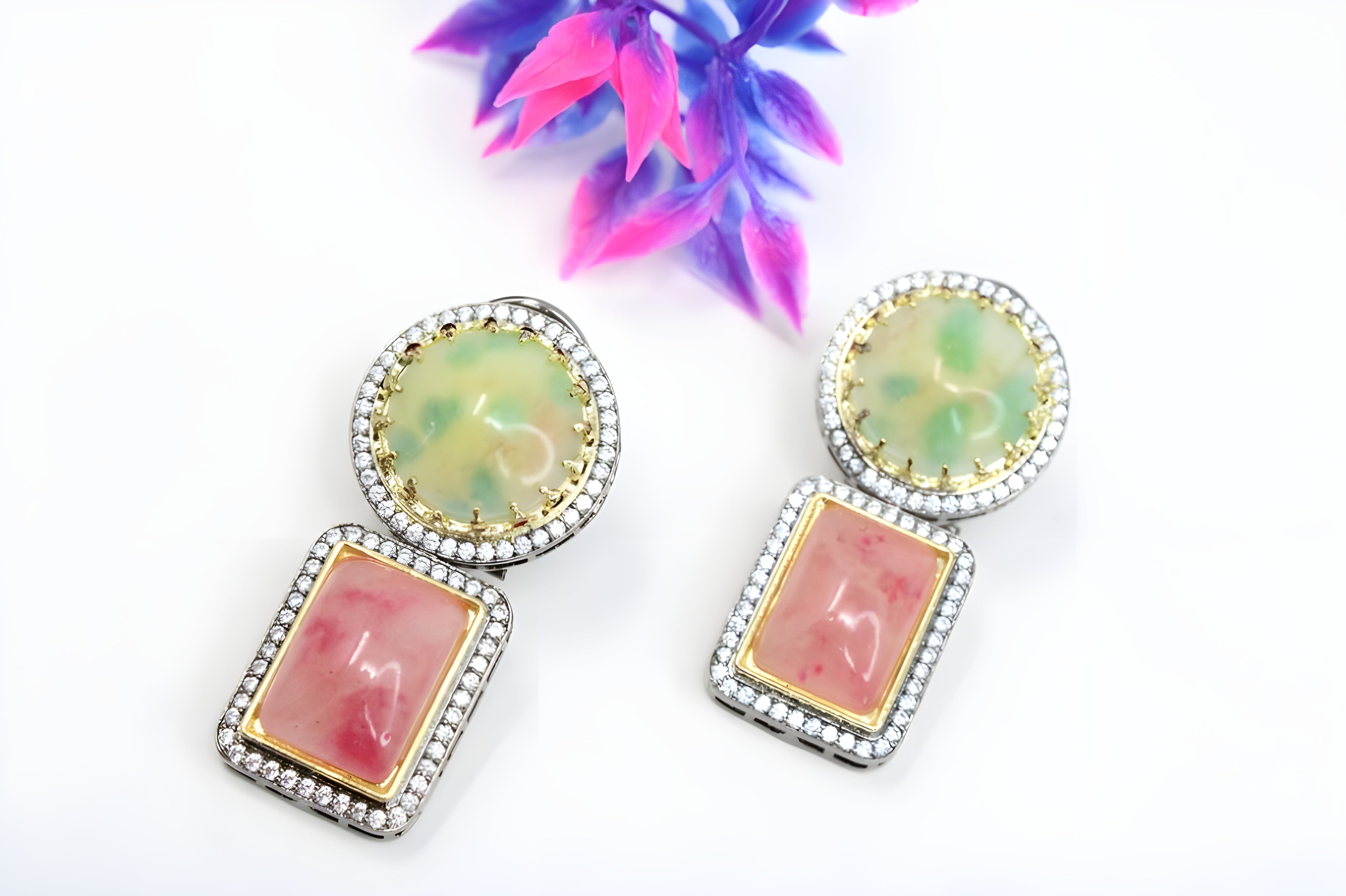 Elegant Multicolor Gemstone Drop Earrings – Pink & Blue, Green & Red, Green Yellow & Red