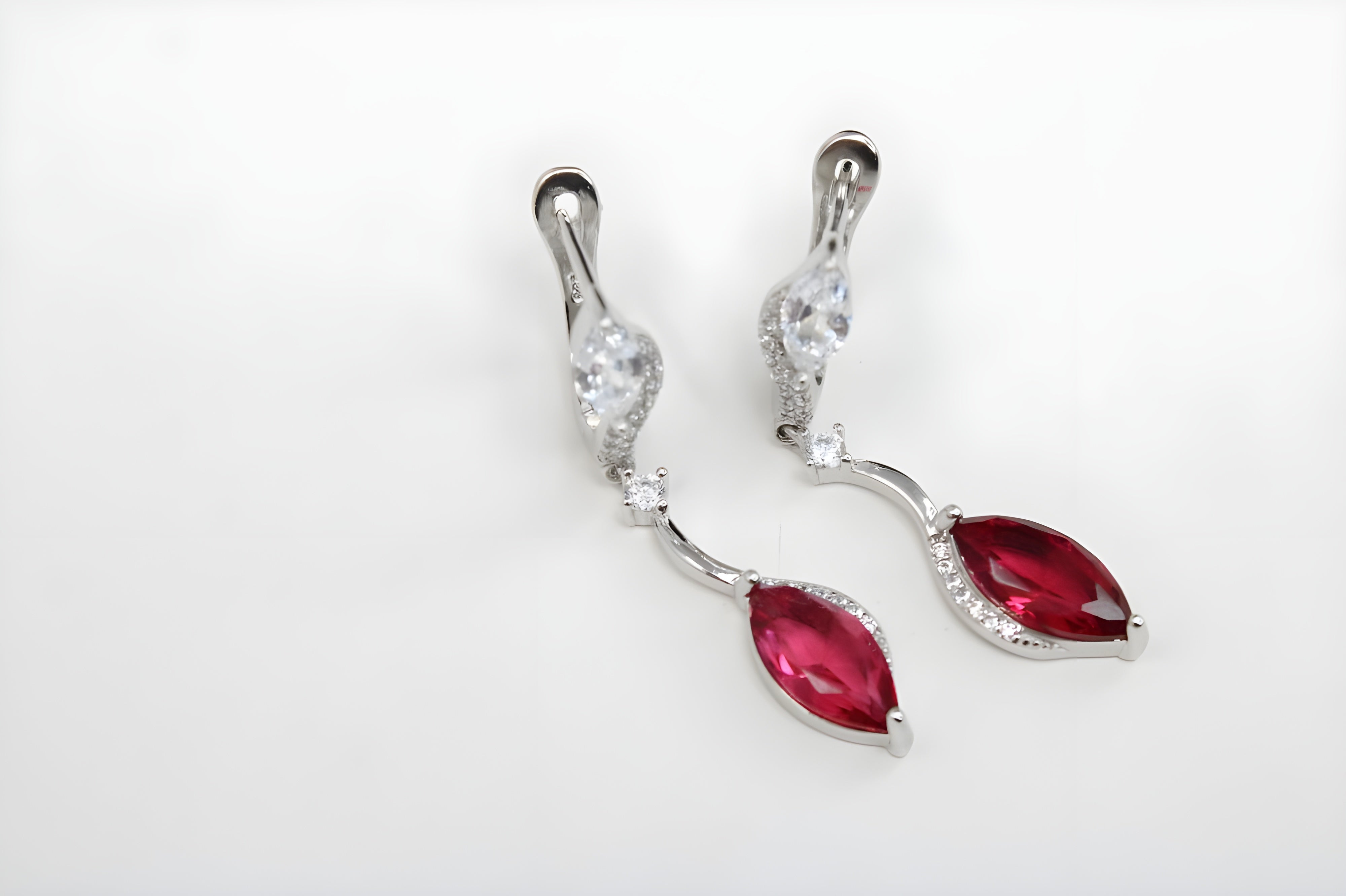 Sterling Silver Ruby Marquise Diamond Jewelry Set - Ring, Drop Earrings & Pendant with White Diamond Accents