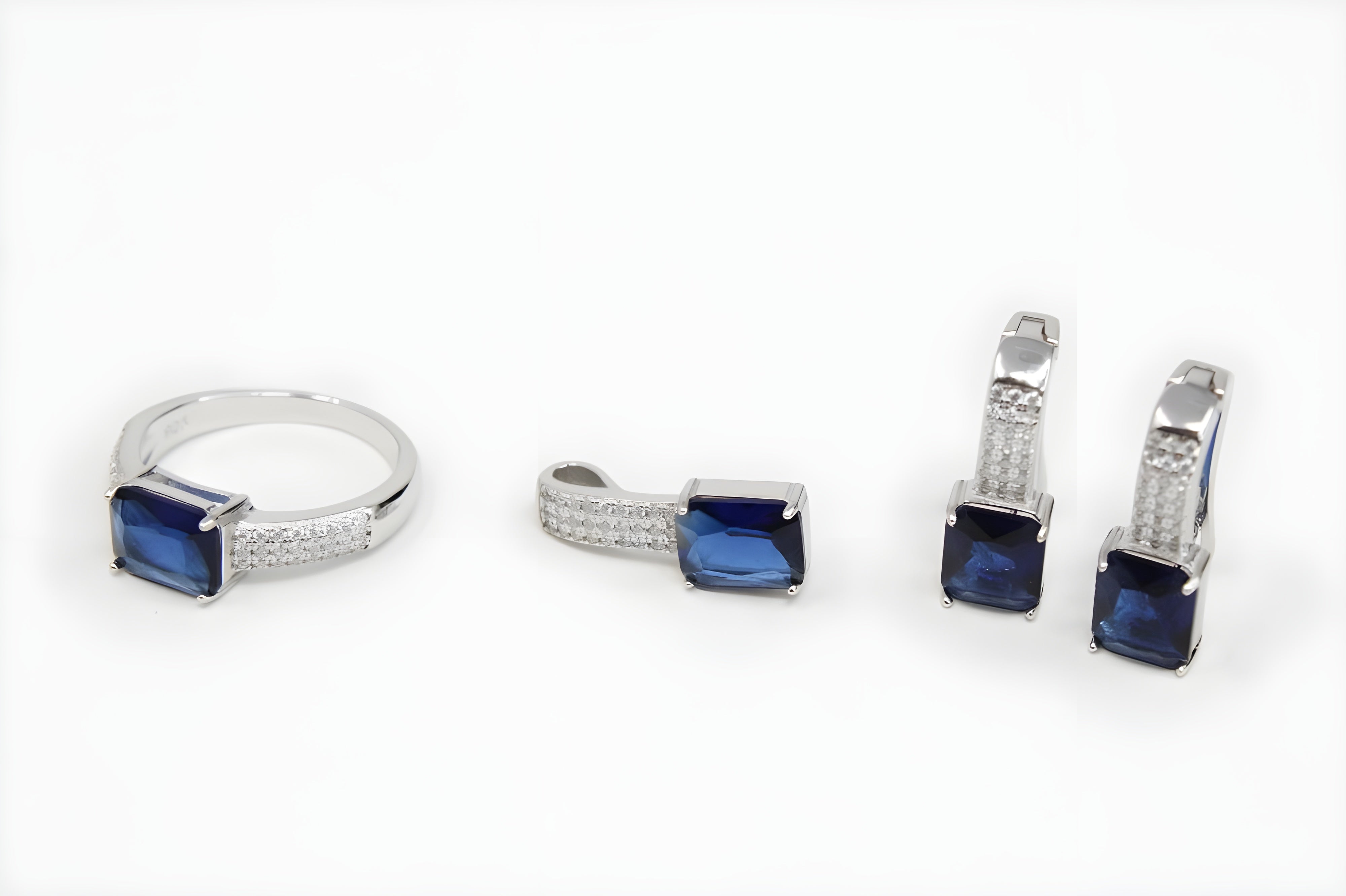 Deep Blue Radiance Diamond Jewelry Set - Sterling Silver Ring, Drop Earrings & Pendant with White Diamonds
