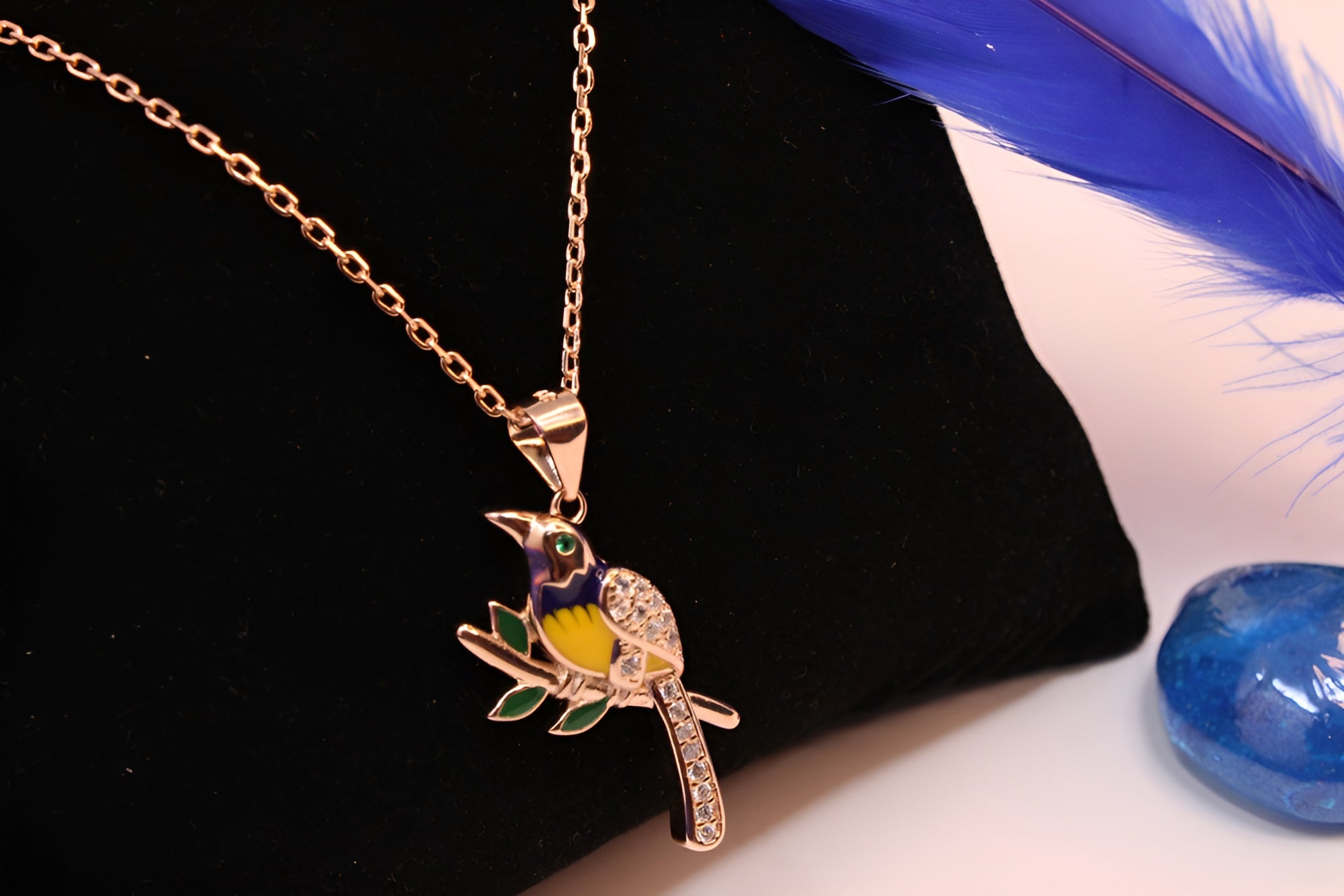 Sterling Silver with Copper-Gold Color Black and Yellow Bird Pendant