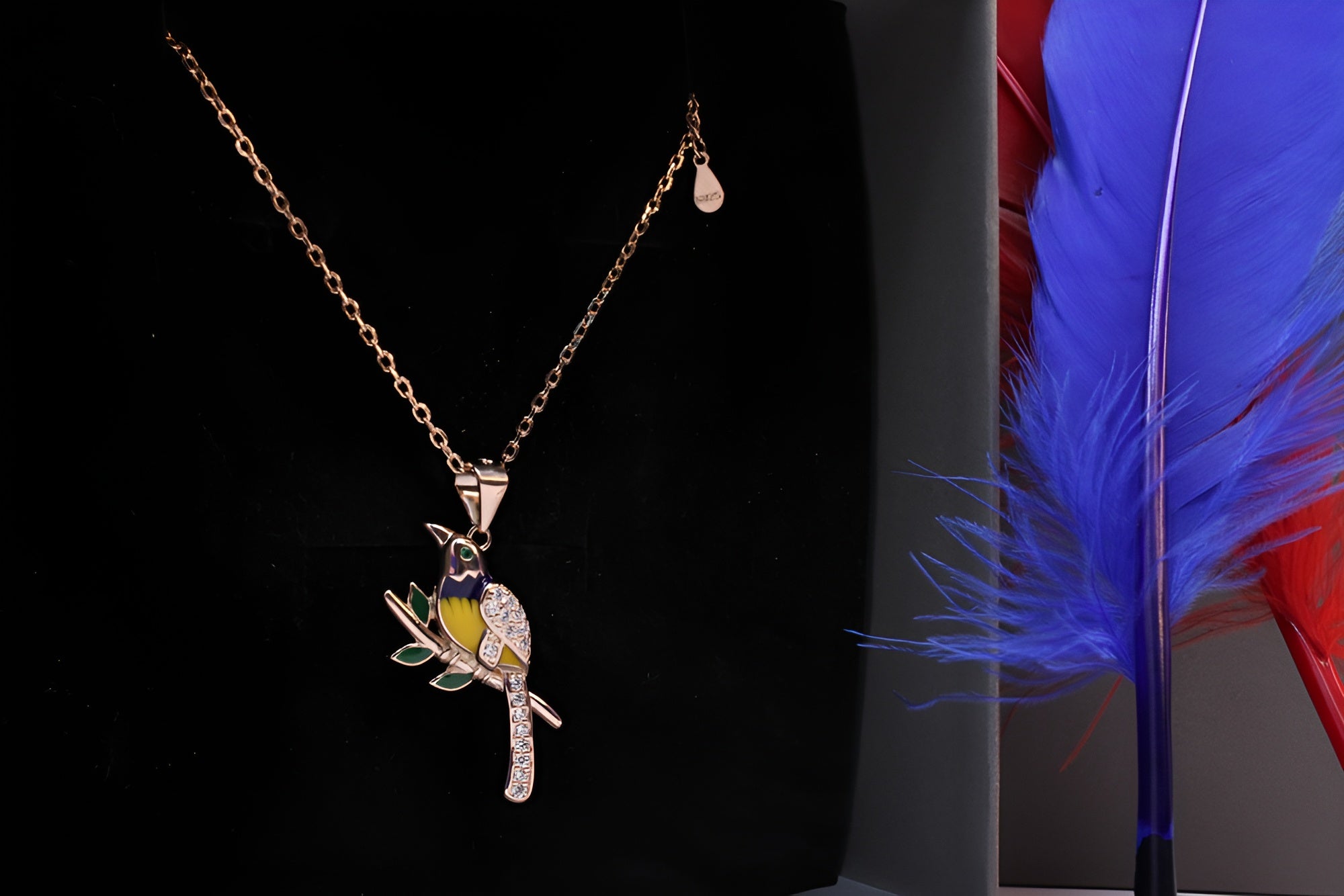 Sterling Silver with Copper-Gold Color Black and Yellow Bird Pendant