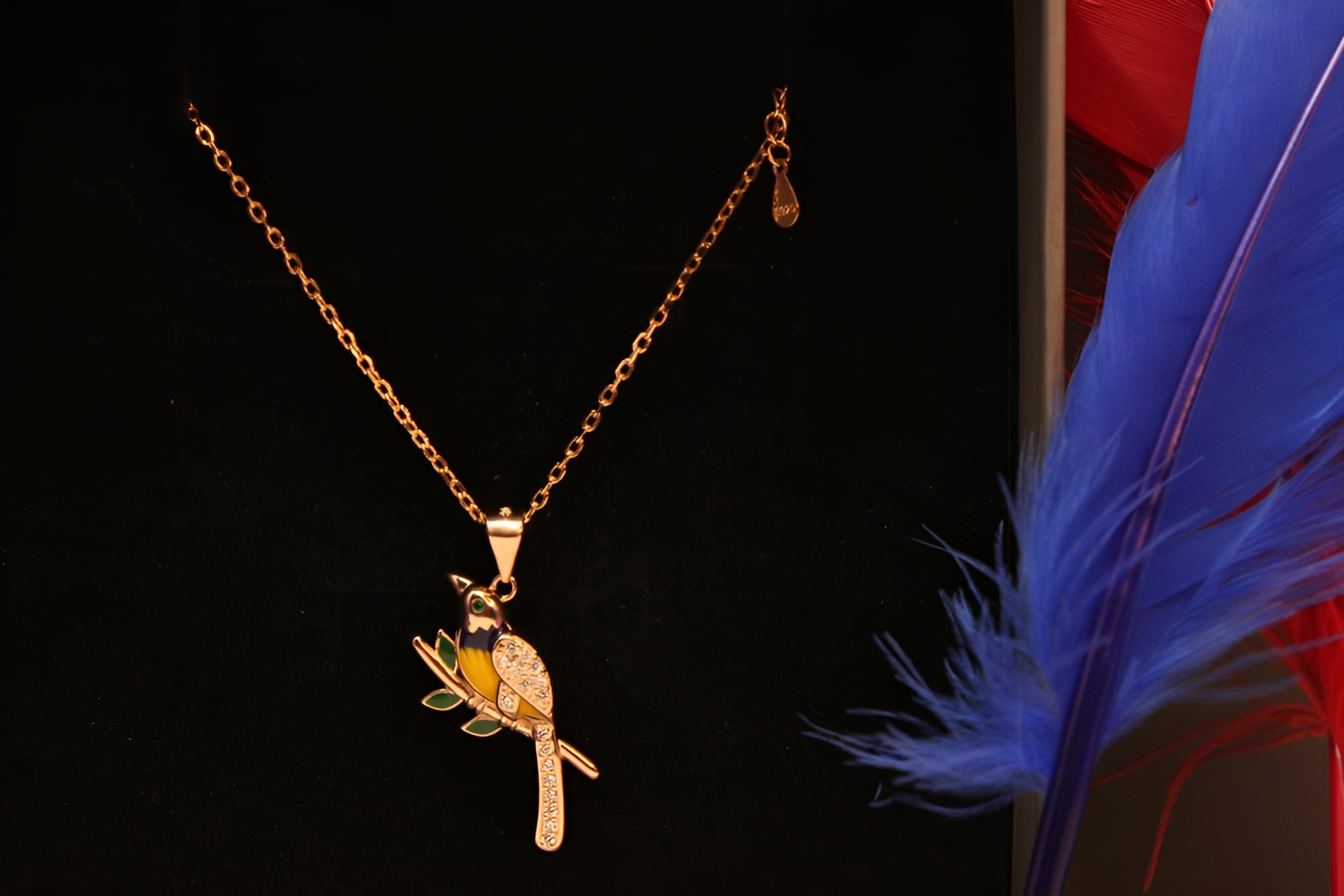 Sterling Silver with Copper-Gold Color Black and Yellow Bird Pendant