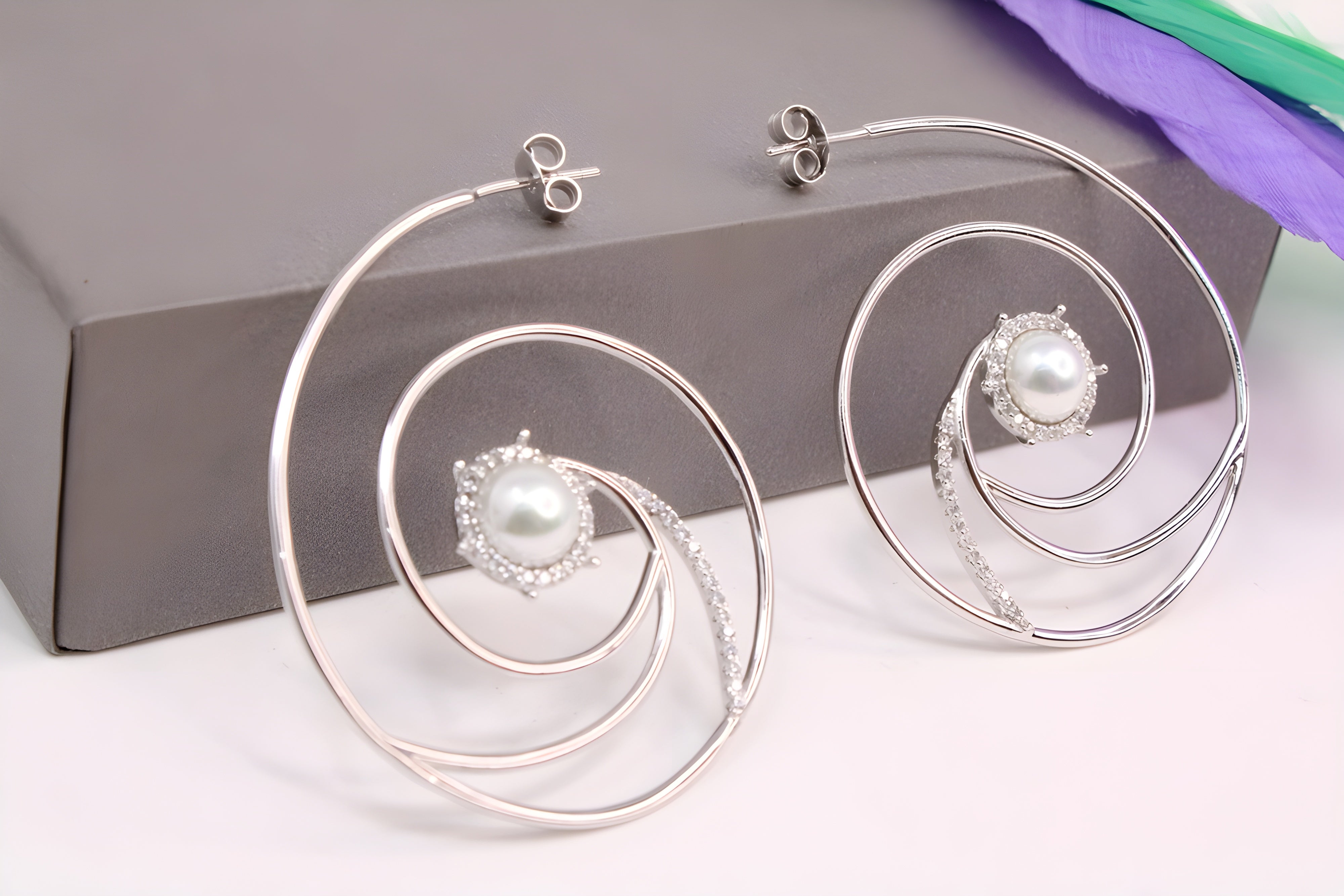 Sterling Silver Grace VeeLux Premium Crystal Pearl Hoop Earrings