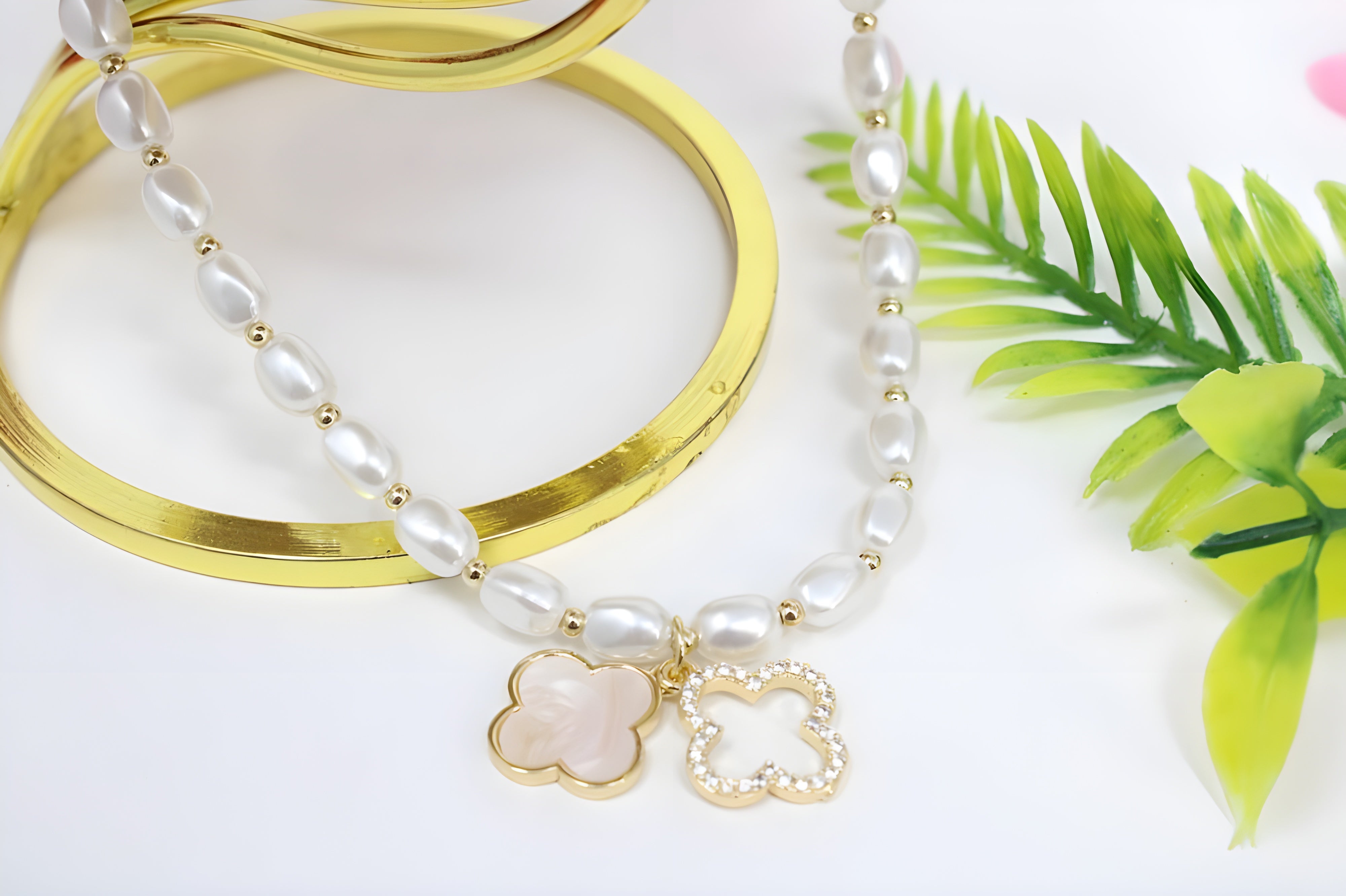 Pearl Leaf Charm Jewelry Set