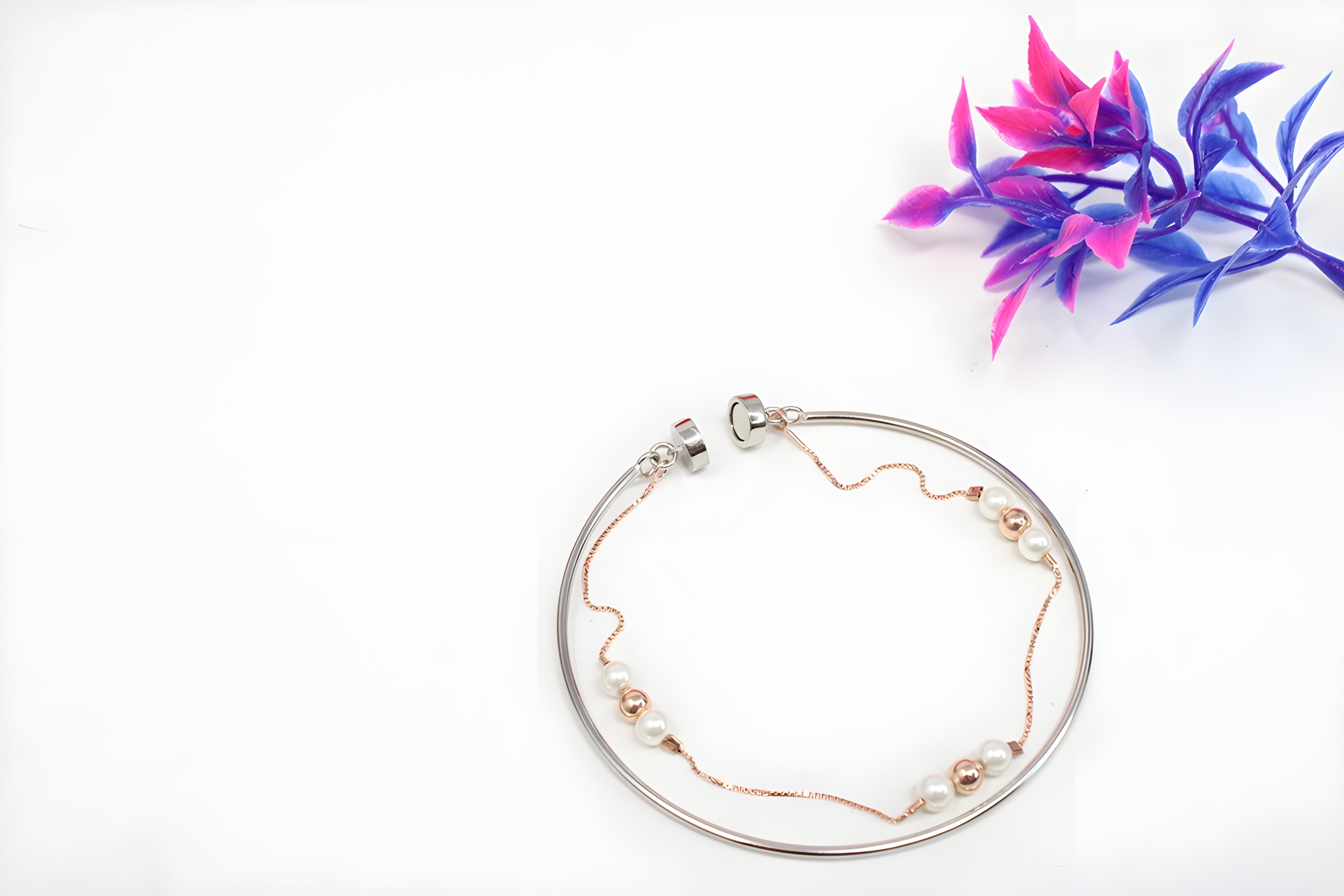 Sterling Silver VeeLux Premium Crystal Dual Tone Pearl Magnetic Elegance Bracelet