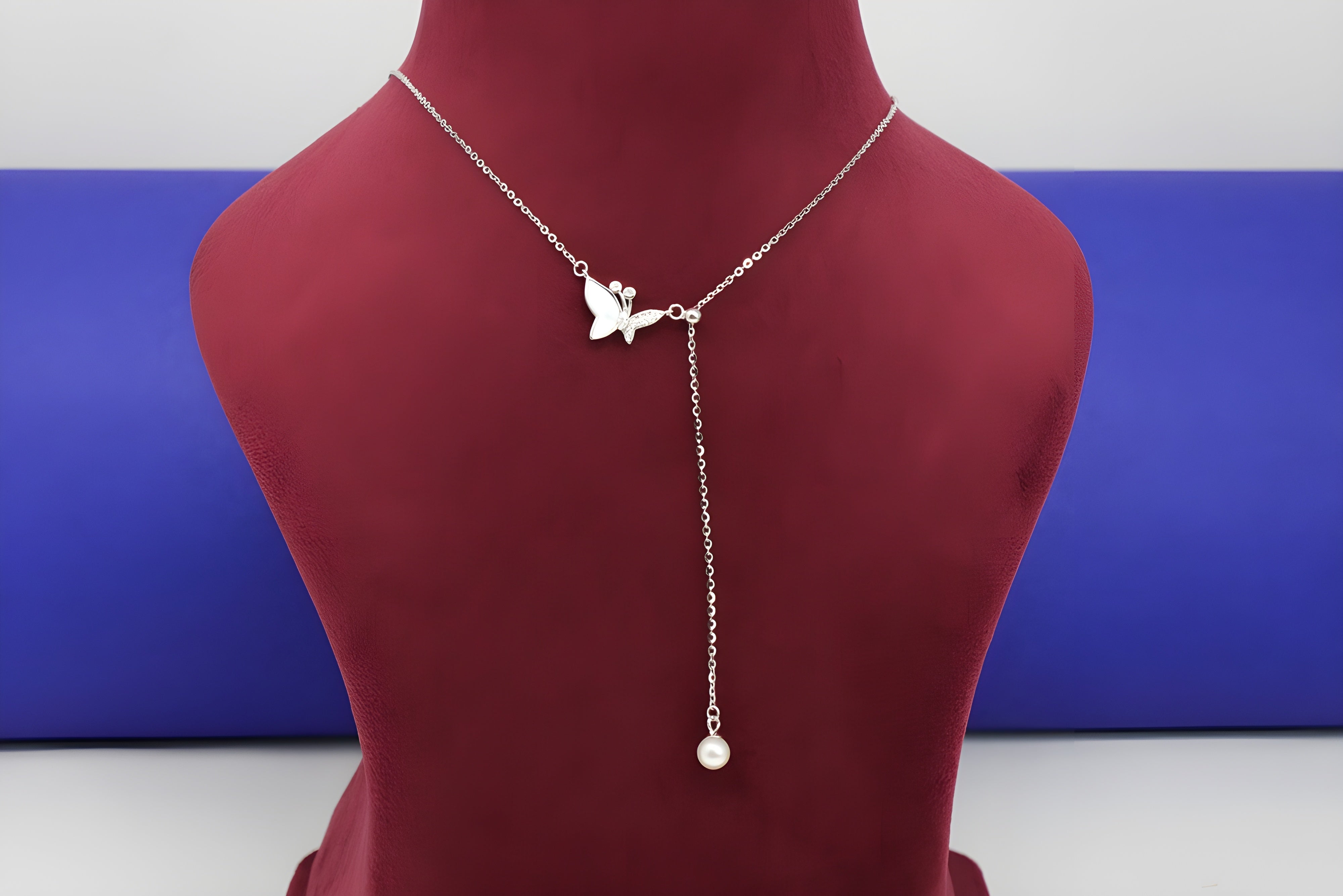 Sterling Silver VeeLux Premium Crystal Butterfly Pendant with Artificial Pearl