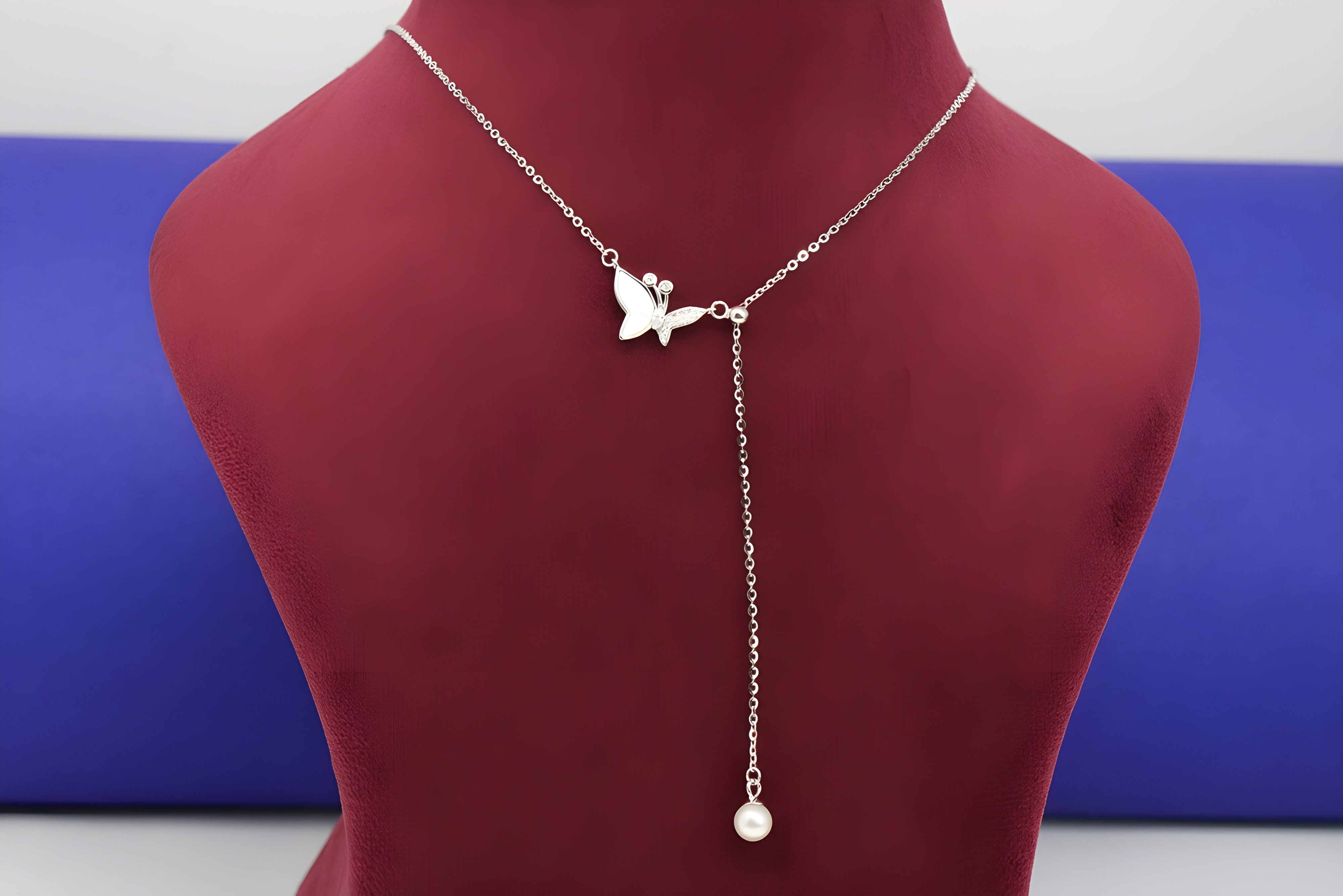 Sterling Silver VeeLux Premium Crystal Butterfly Pendant with Artificial Pearl