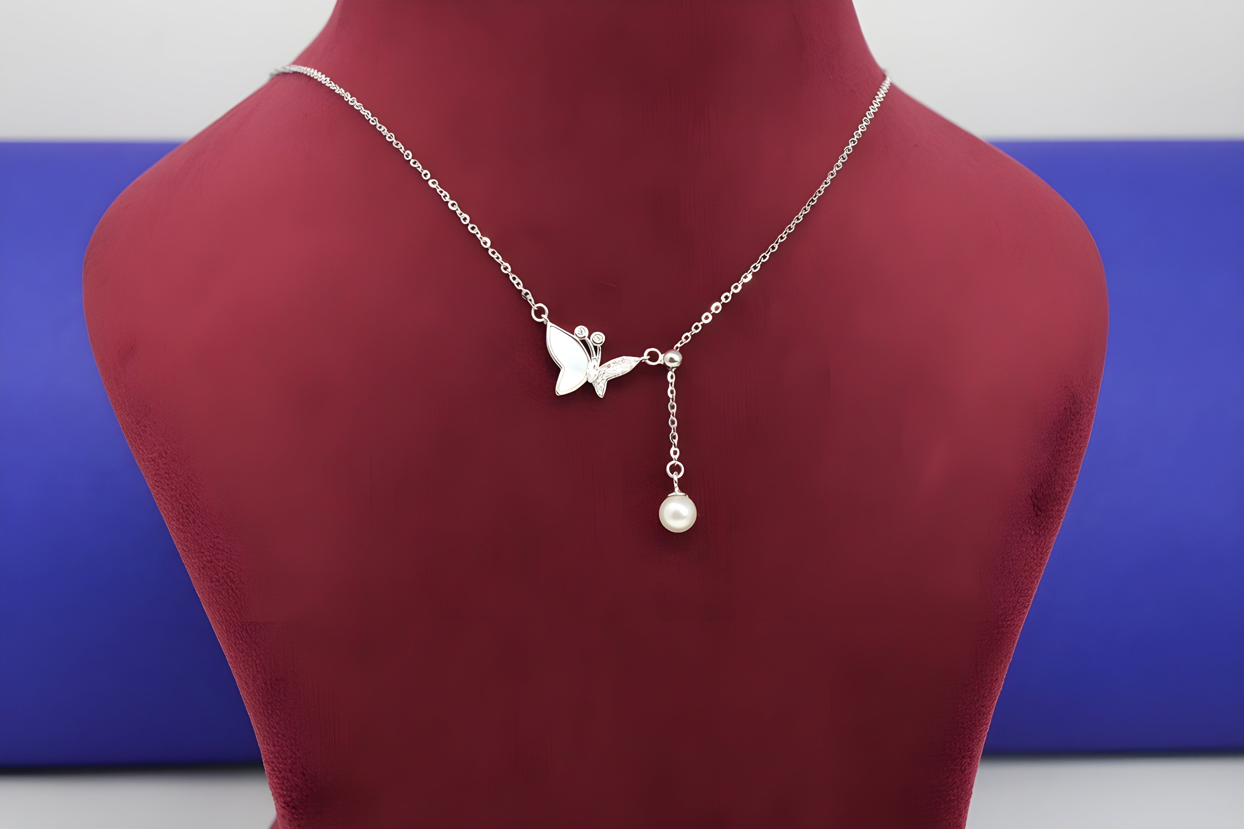 Sterling Silver VeeLux Premium Crystal Butterfly Pendant with Artificial Pearl