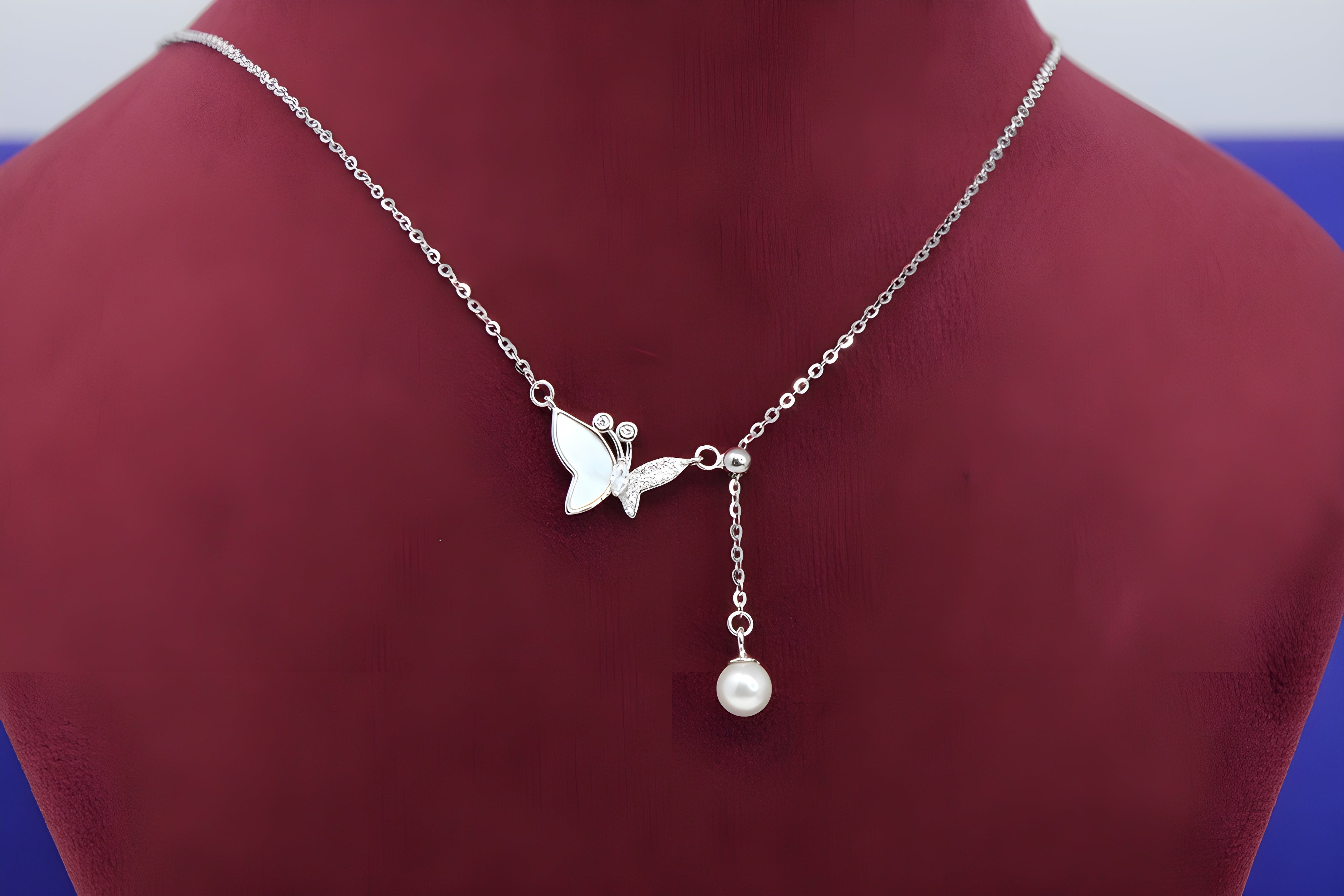 Sterling Silver VeeLux Premium Crystal Butterfly Pendant with Artificial Pearl
