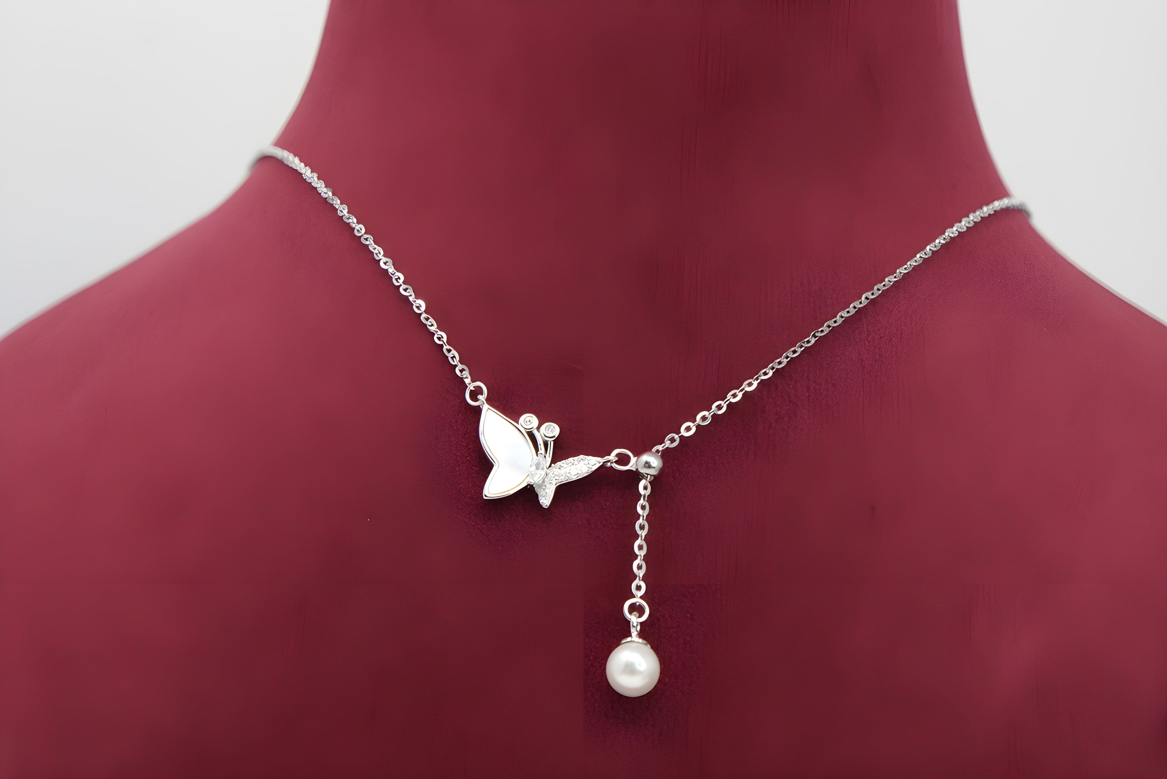 Sterling Silver VeeLux Premium Crystal Butterfly Pendant with Artificial Pearl