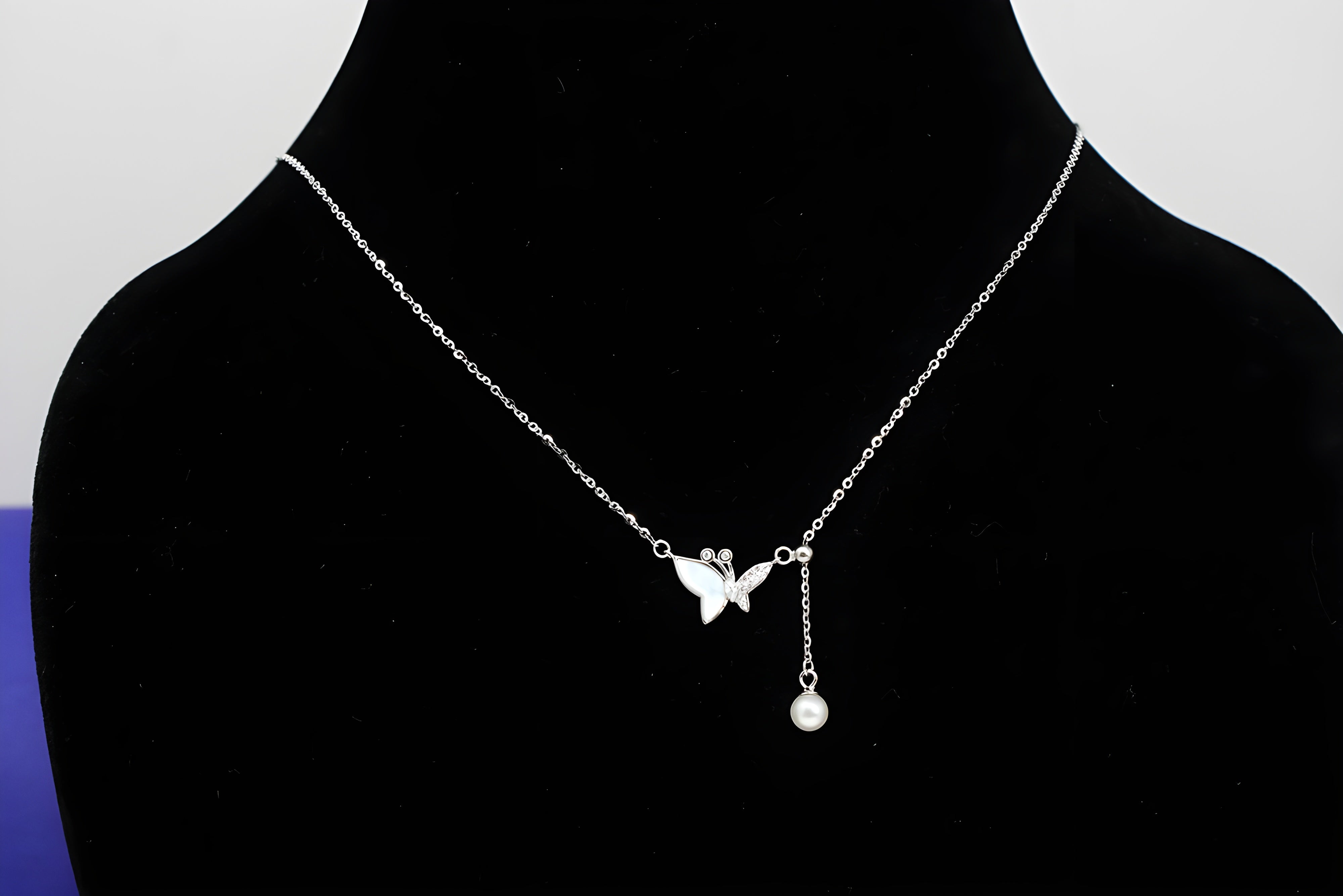 Sterling Silver VeeLux Premium Crystal Butterfly Pendant with Artificial Pearl