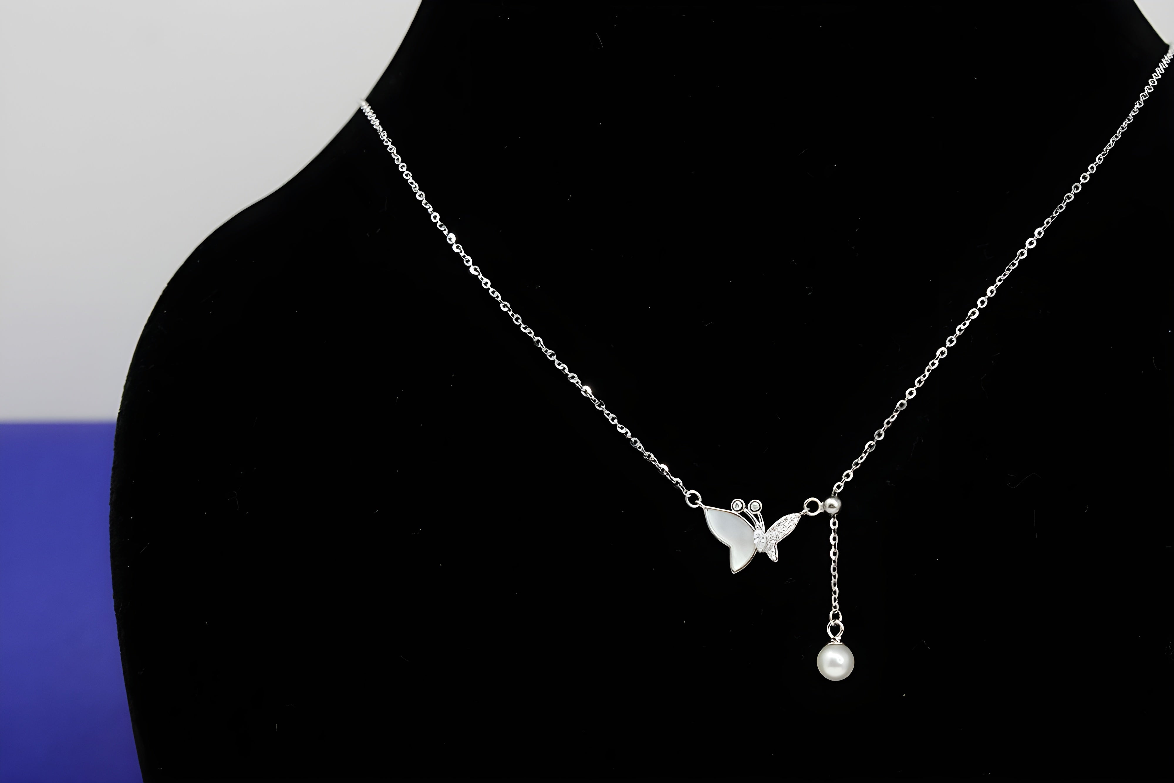 Sterling Silver VeeLux Premium Crystal Butterfly Pendant with Artificial Pearl