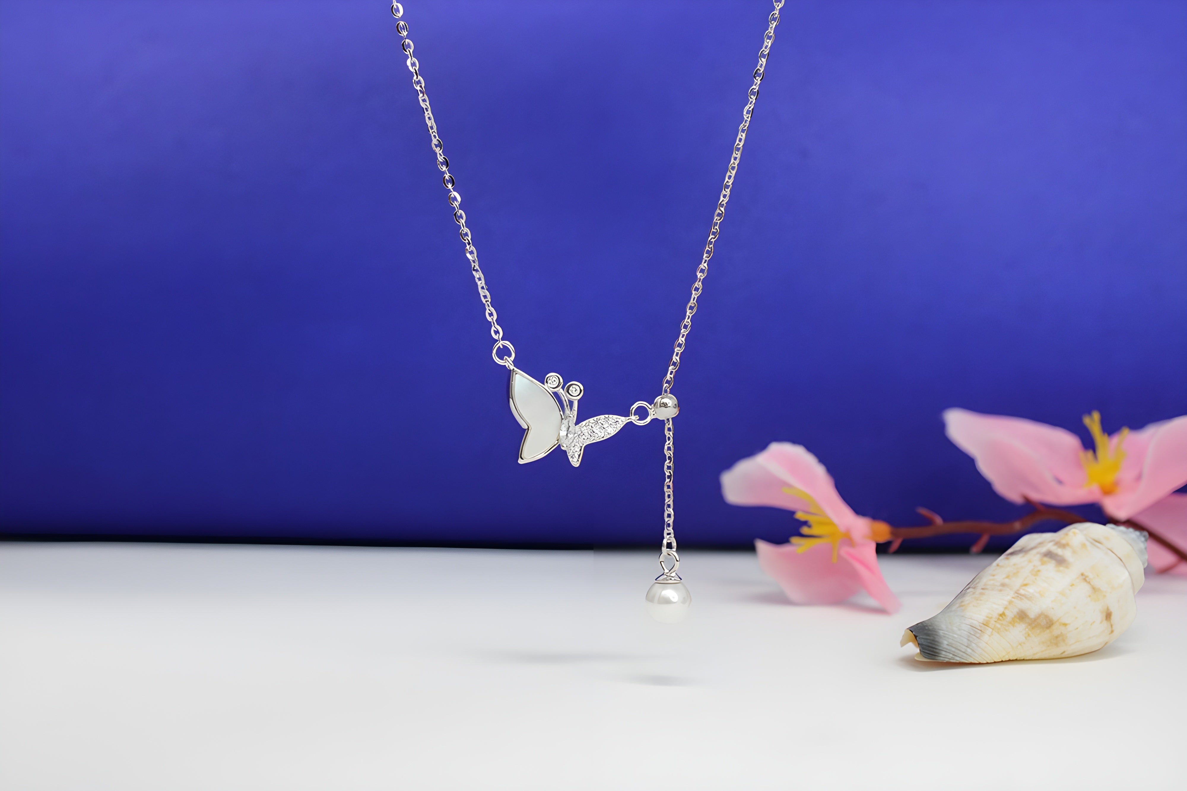 Sterling Silver VeeLux Premium Crystal Butterfly Pendant with Artificial Pearl