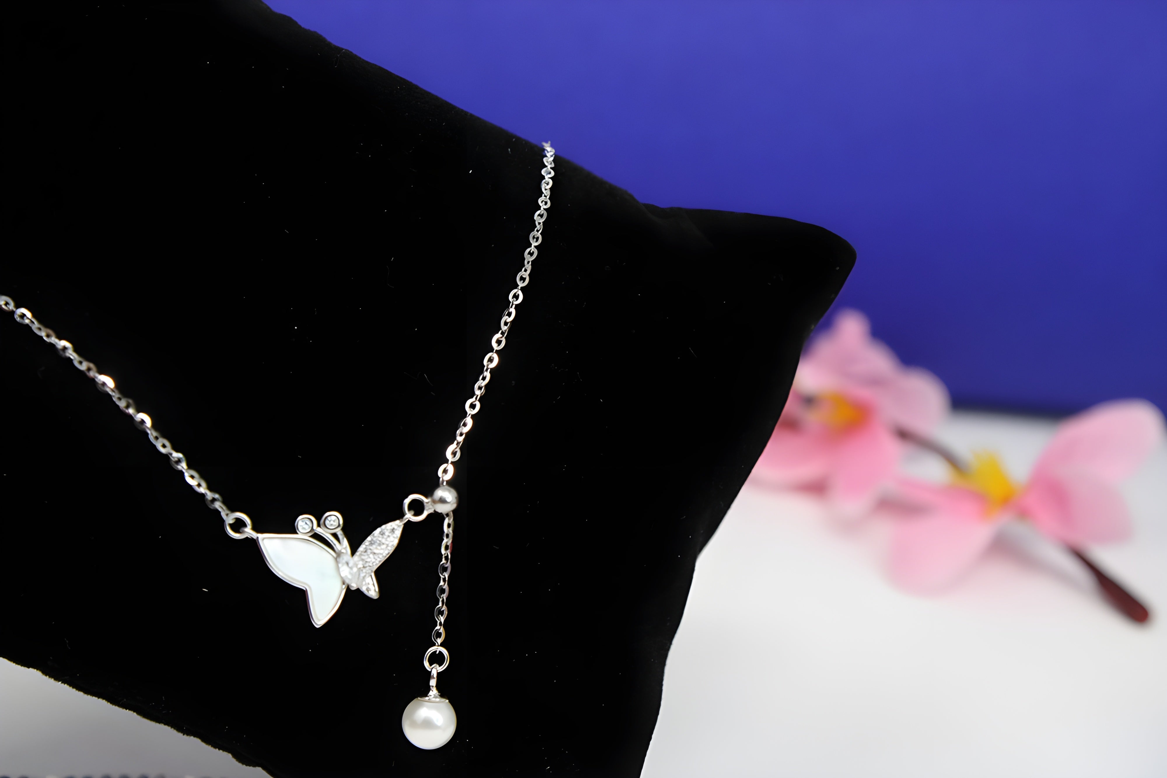 Sterling Silver VeeLux Premium Crystal Butterfly Pendant with Artificial Pearl