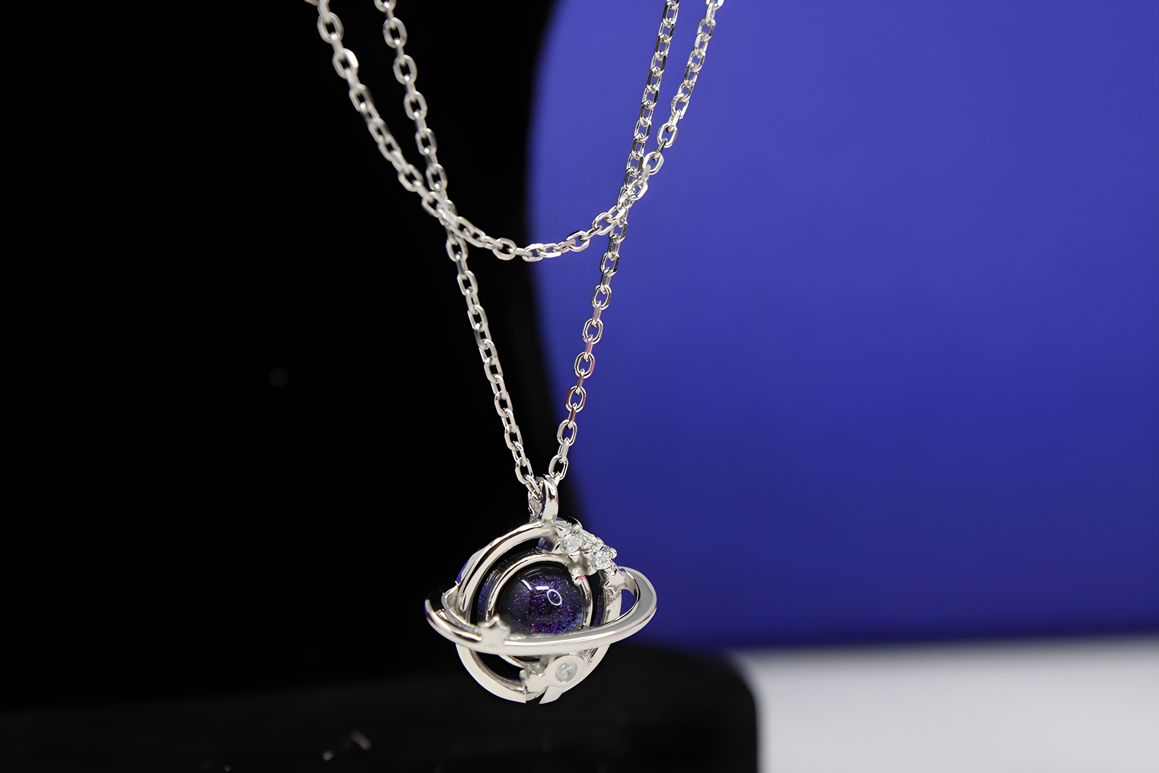 Sterling Silver VeeLux Premium Crystal Planet Pendant with Artificial Dark Blue Crystal