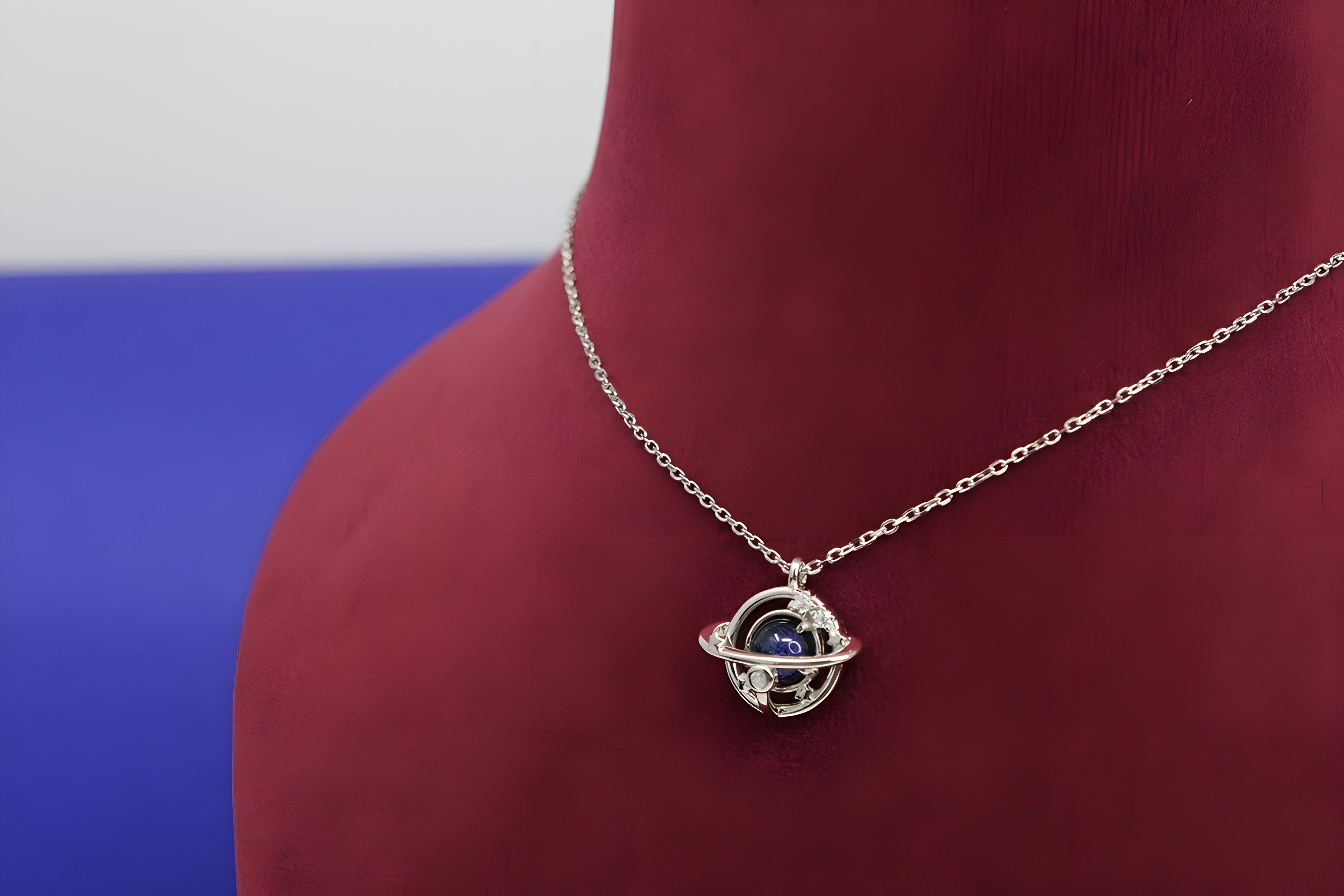 Sterling Silver VeeLux Premium Crystal Planet Pendant with Artificial Dark Blue Crystal