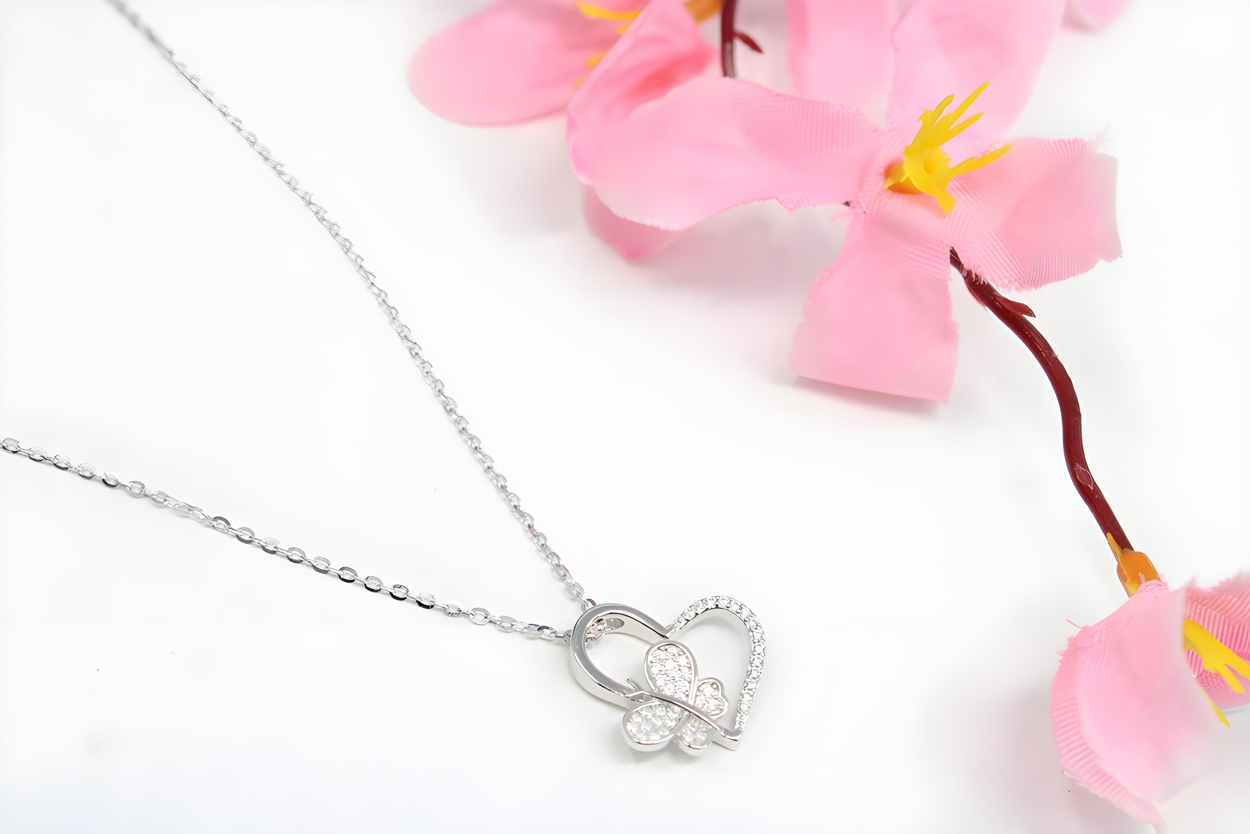 Sterling Silver VeeLux Premium Crystal Heart Pendant with Butterfly