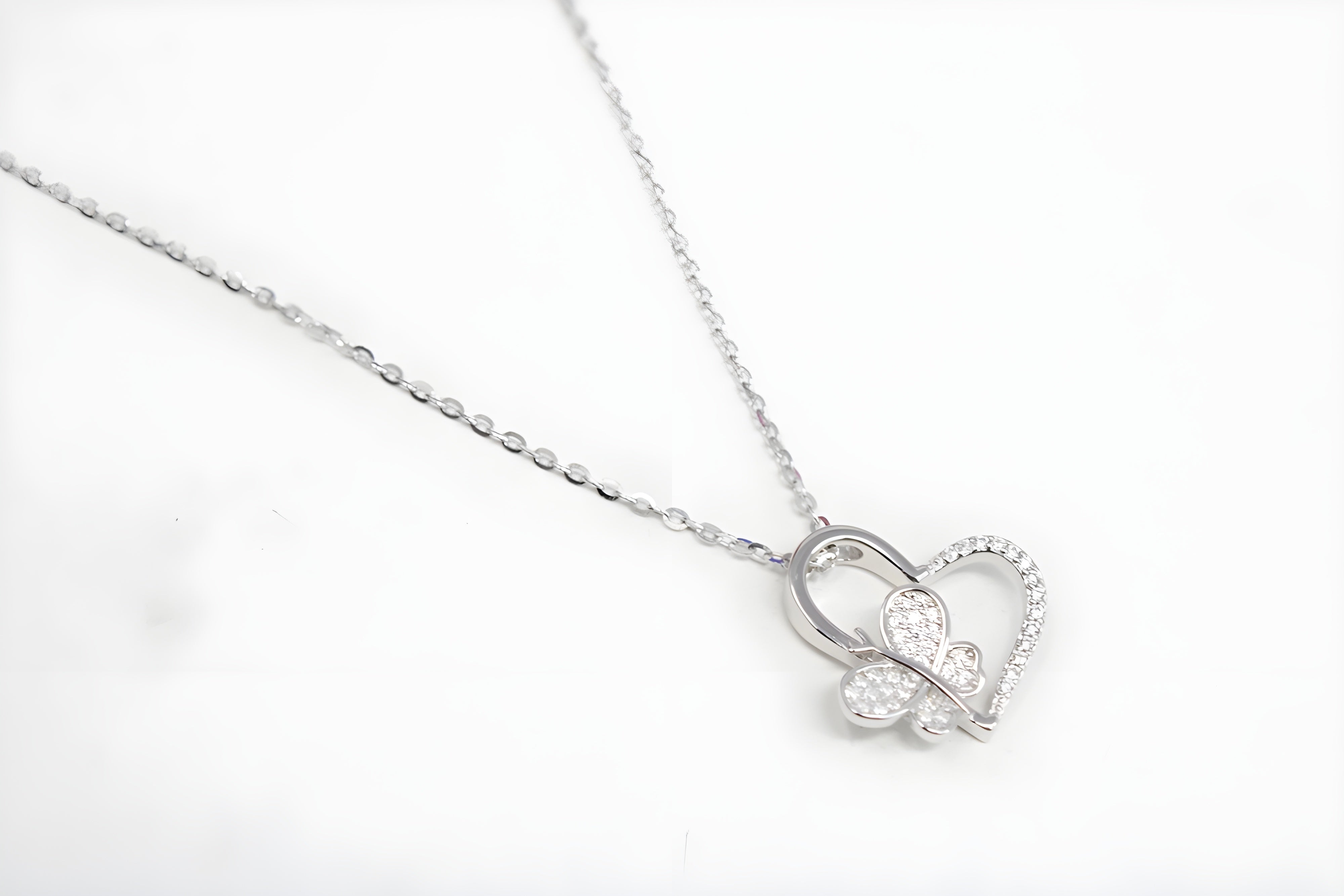 Sterling Silver VeeLux Premium Crystal Heart Pendant with Butterfly