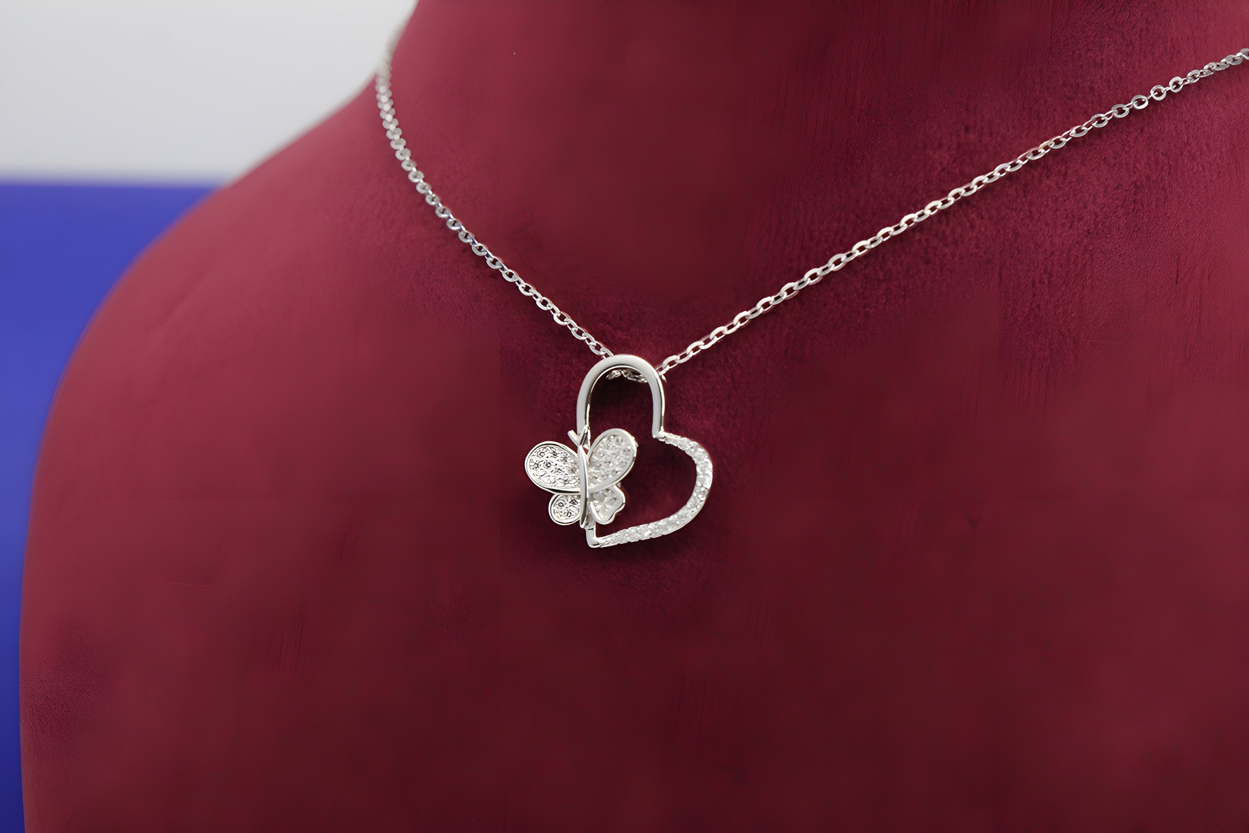 Sterling Silver VeeLux Premium Crystal Heart Pendant with Butterfly