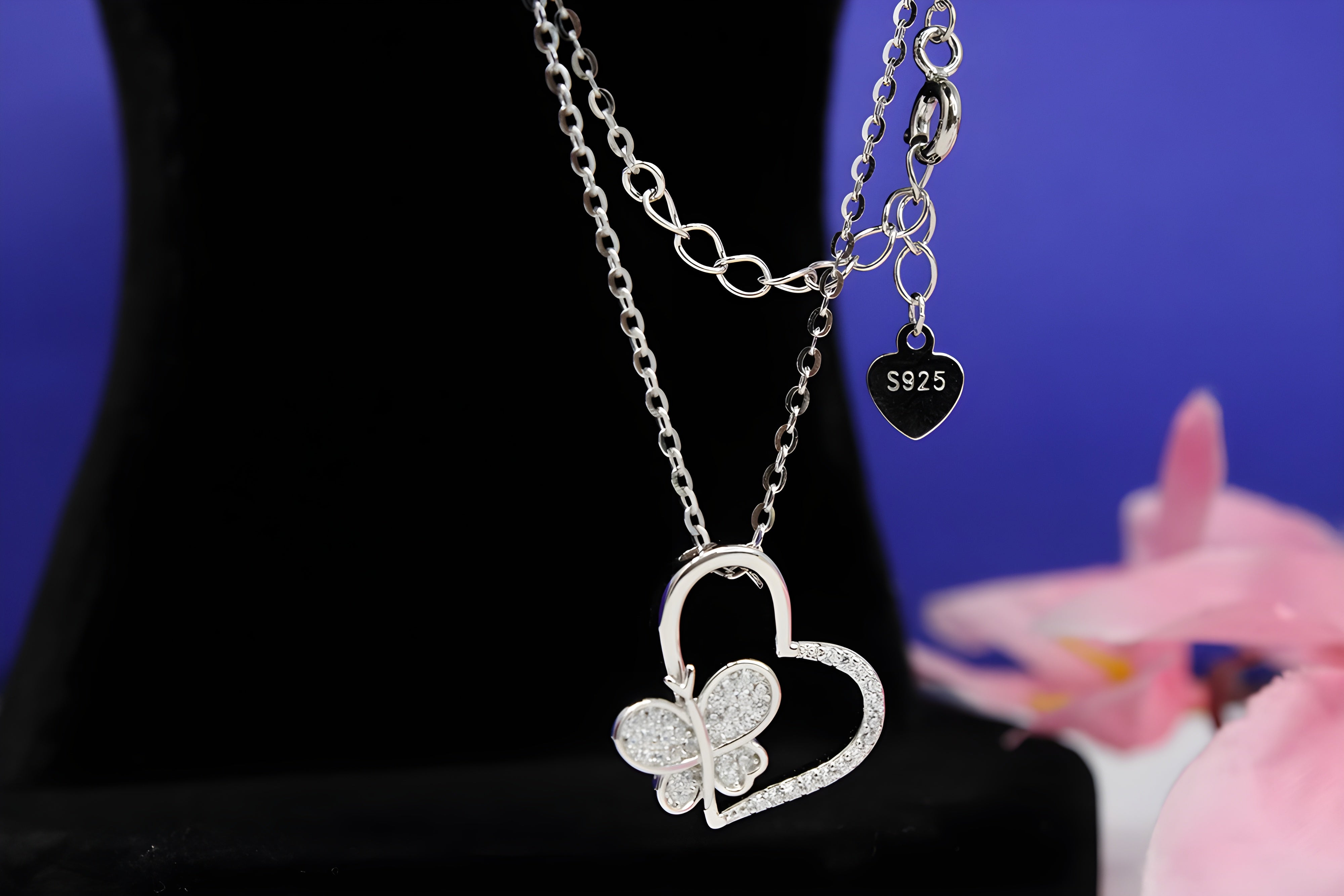 Sterling Silver VeeLux Premium Crystal Heart Pendant with Butterfly