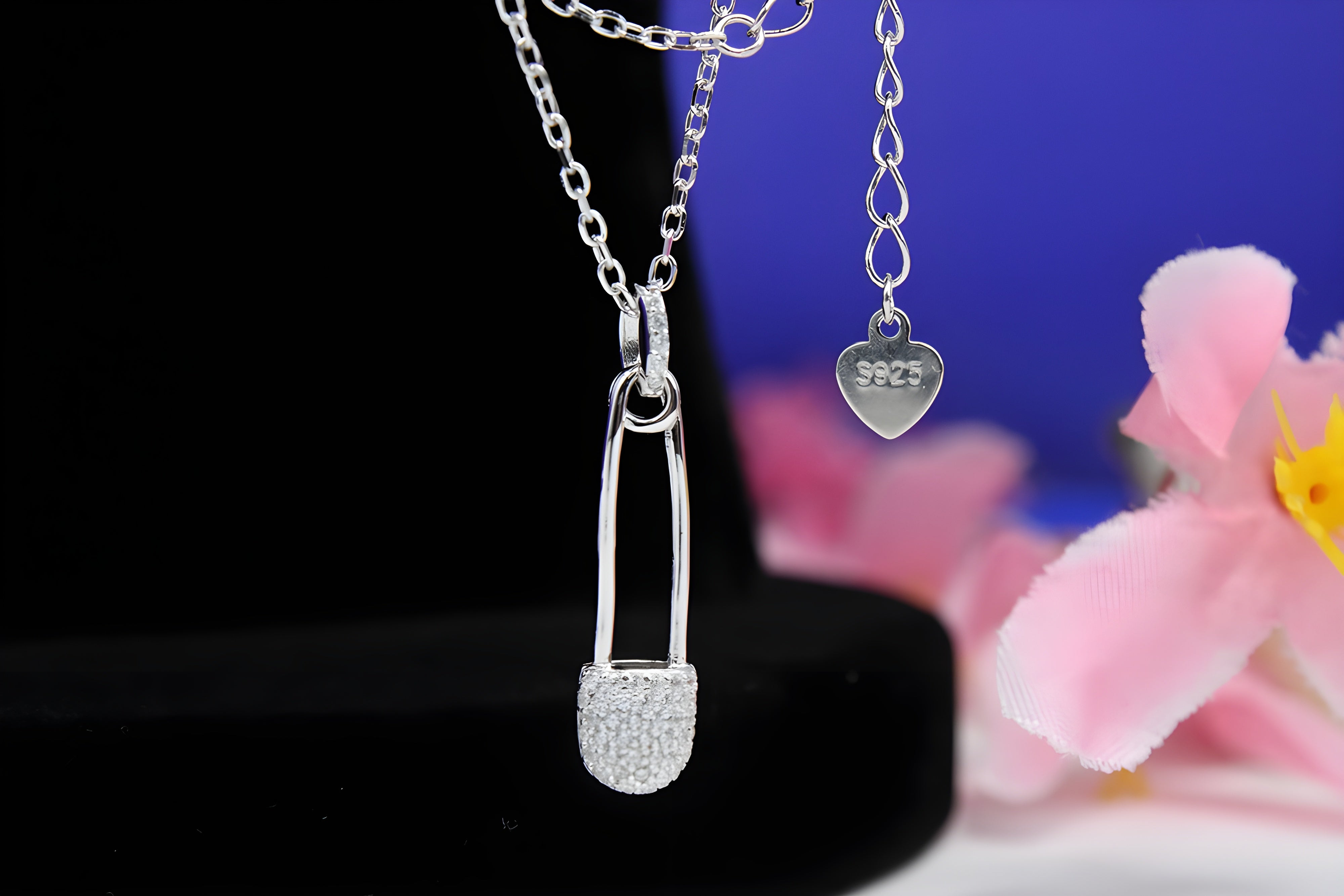 92.5 Sterling Silver Safety Pin Pendant with VeeLux Premium Crystal