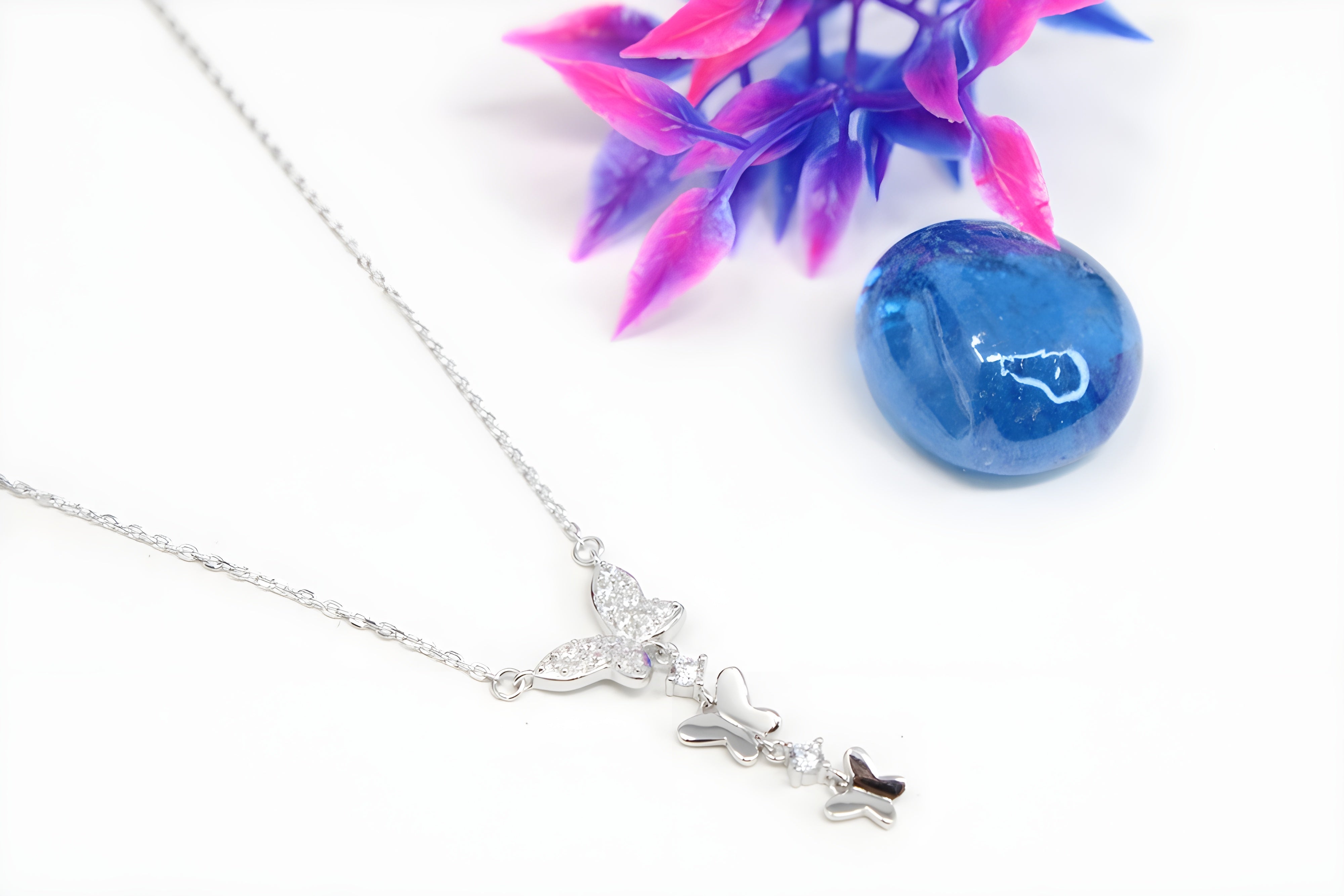 92.5 Sterling Silver Three Butterfly Pendant with VeeLux Premium Crystal