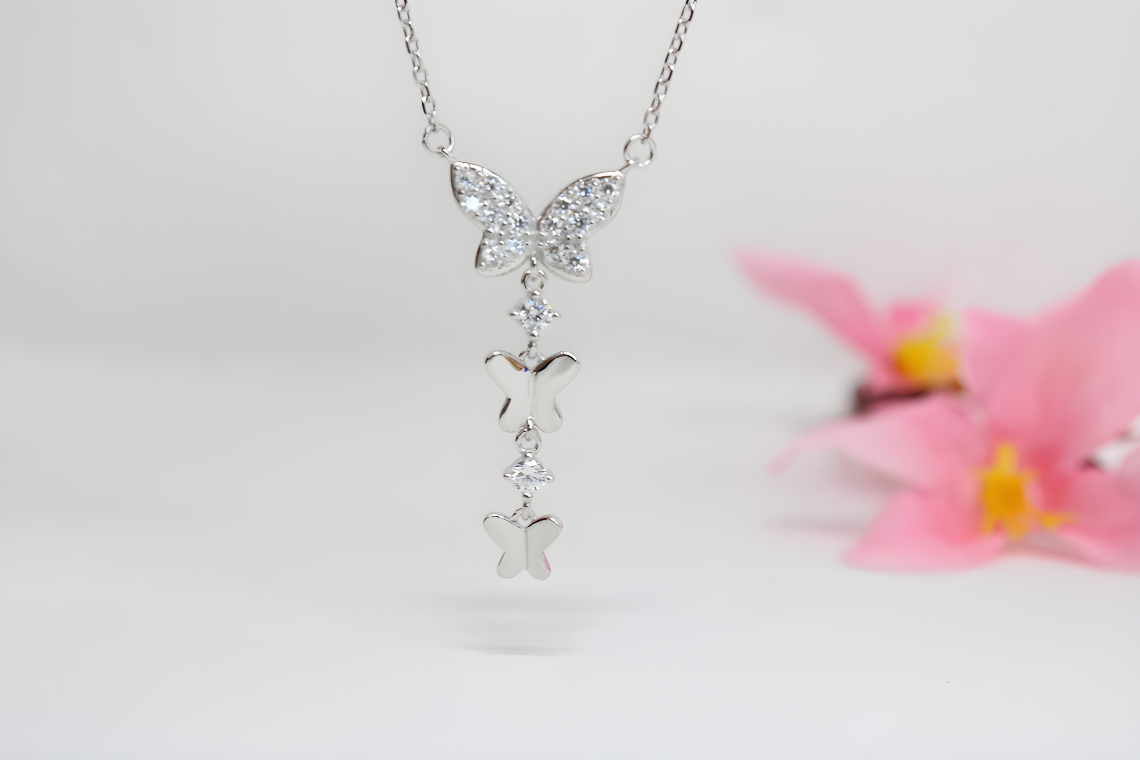 92.5 Sterling Silver Three Butterfly Pendant with VeeLux Premium Crystal