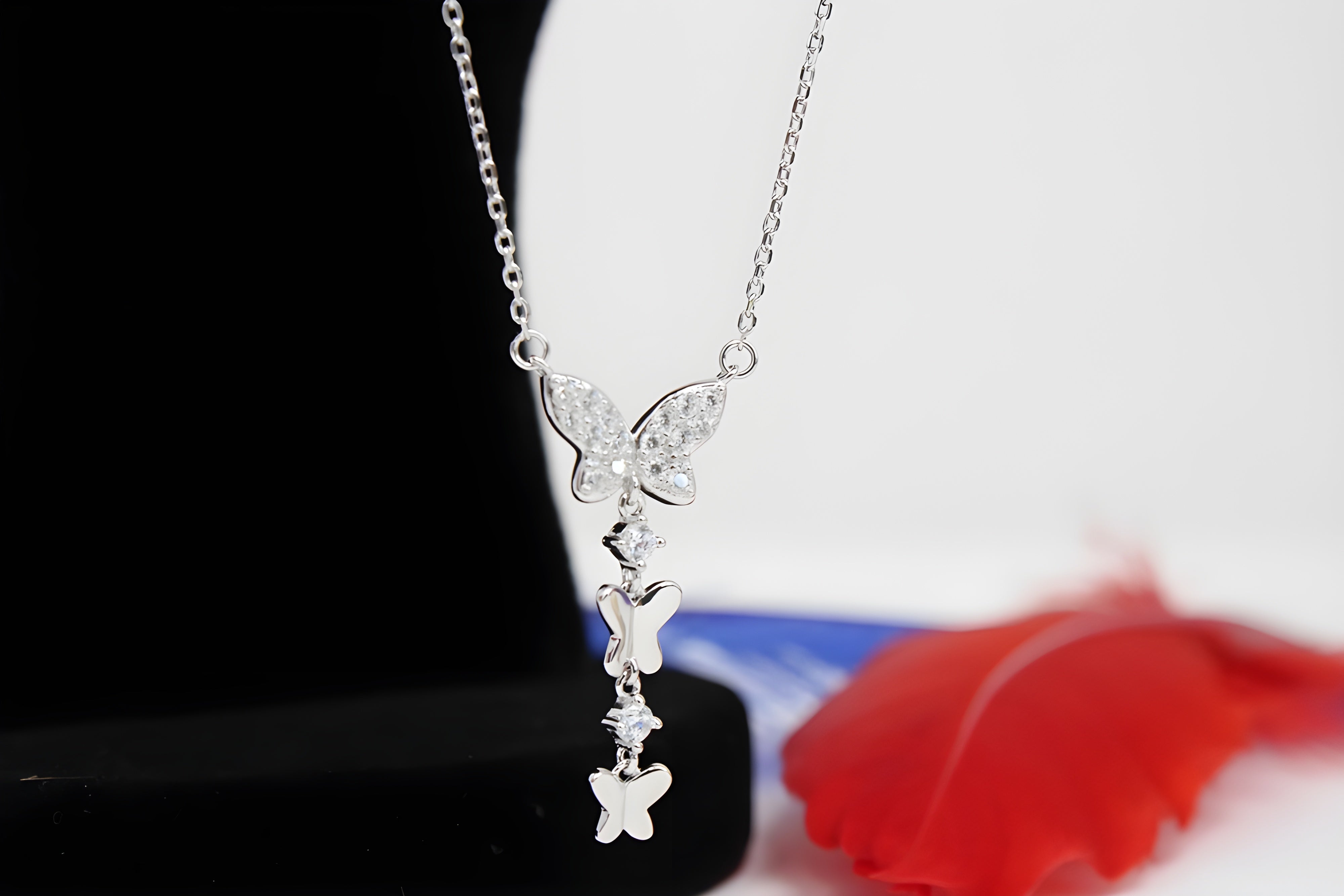 92.5 Sterling Silver Three Butterfly Pendant with VeeLux Premium Crystal