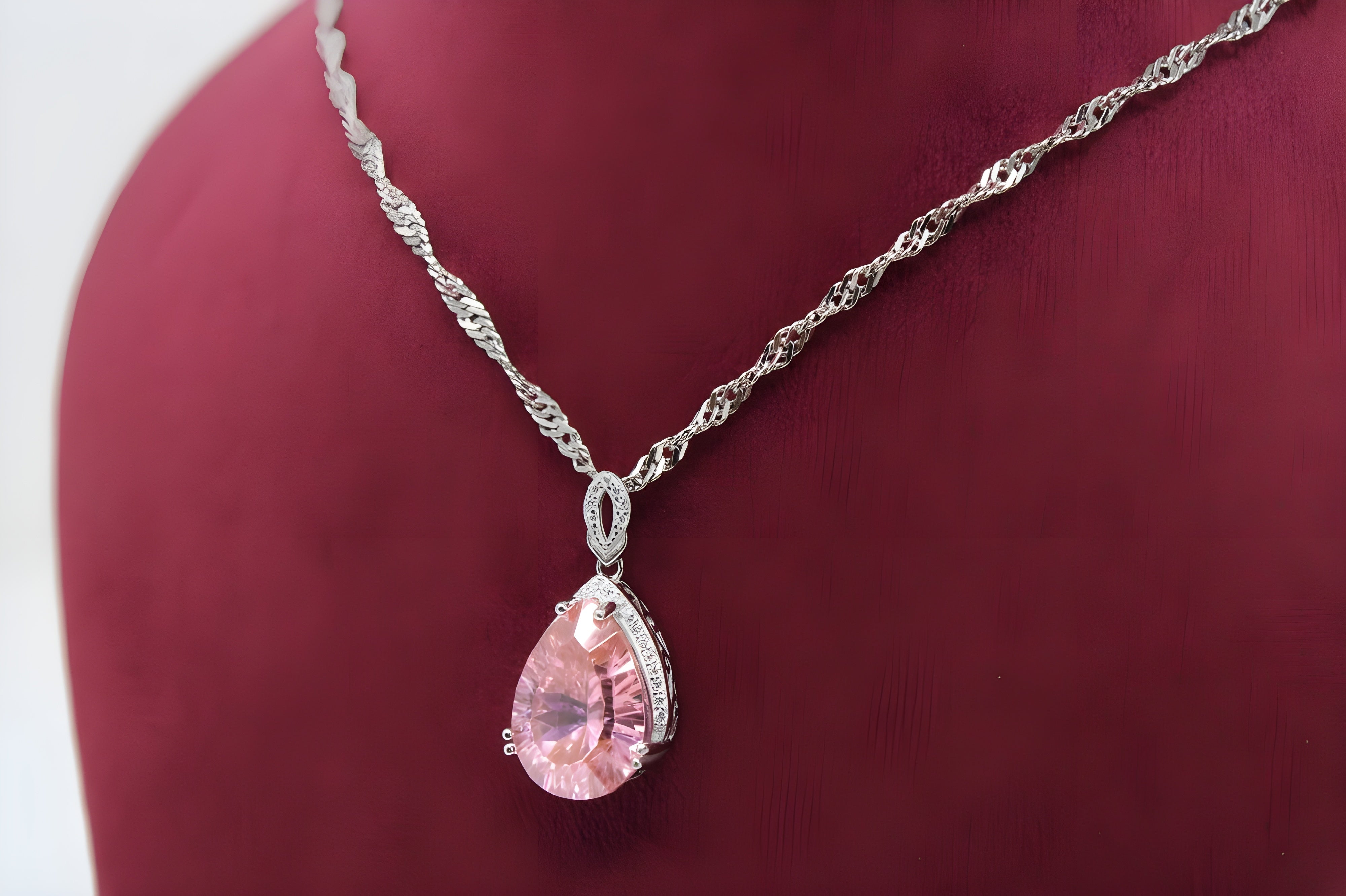 Charming Blush Teardrop Necklace with Twisted Silver Chain