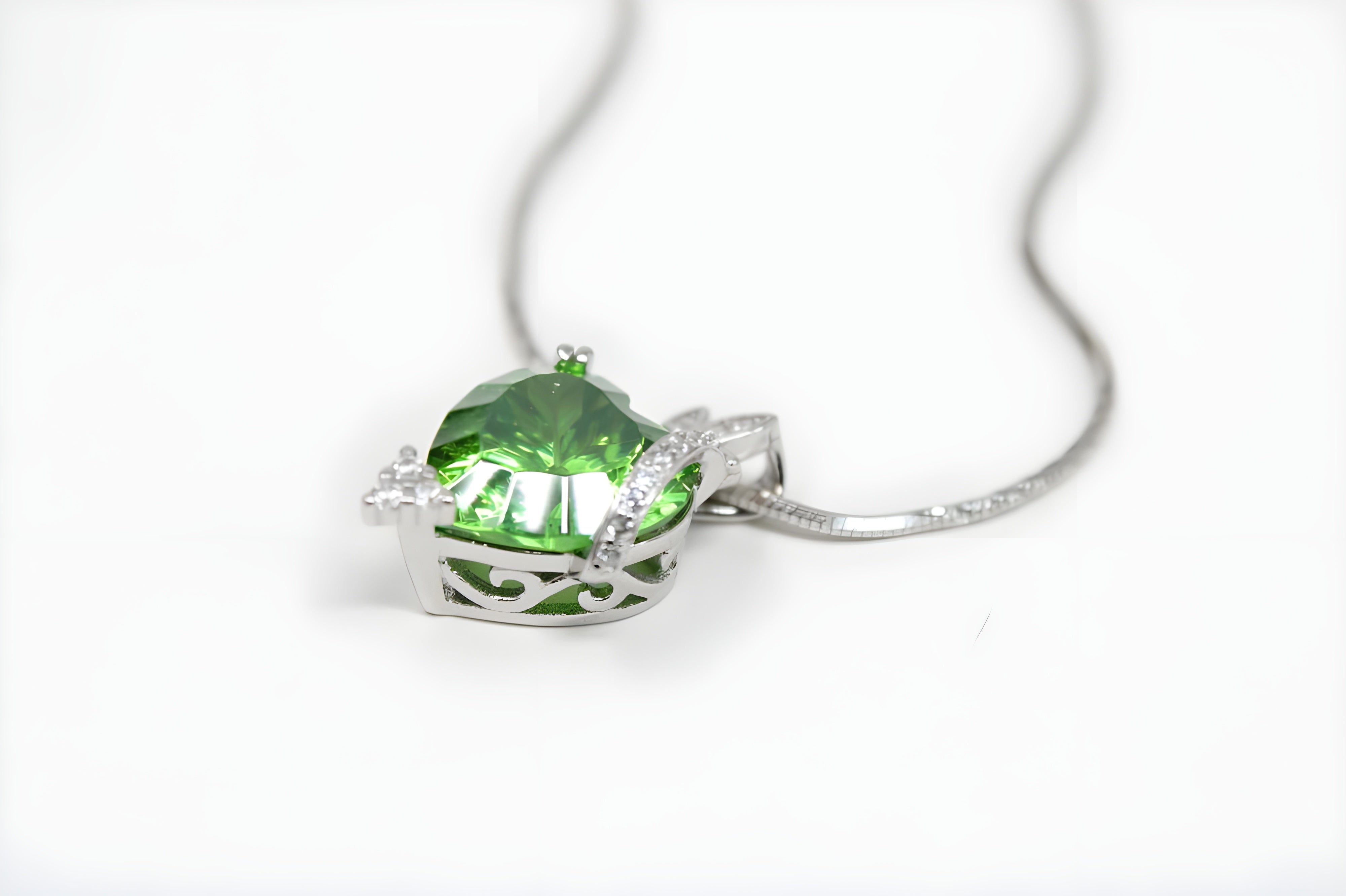 Green Halo Heart Crystal Pendant in Sterling Silver