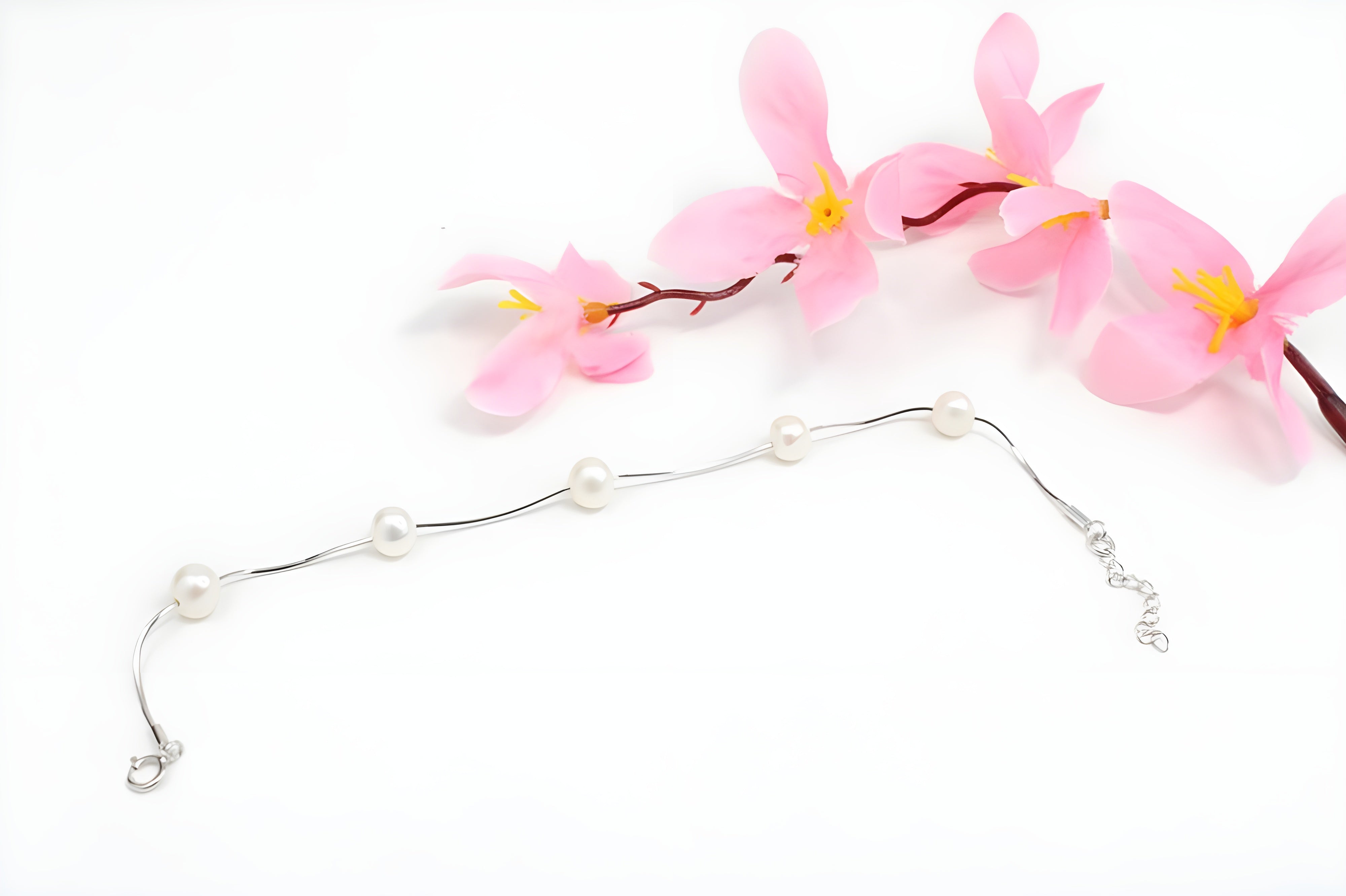 Sterling Silver VeeLux Premium Crystal White Pearl Elegance Petite Bracelet