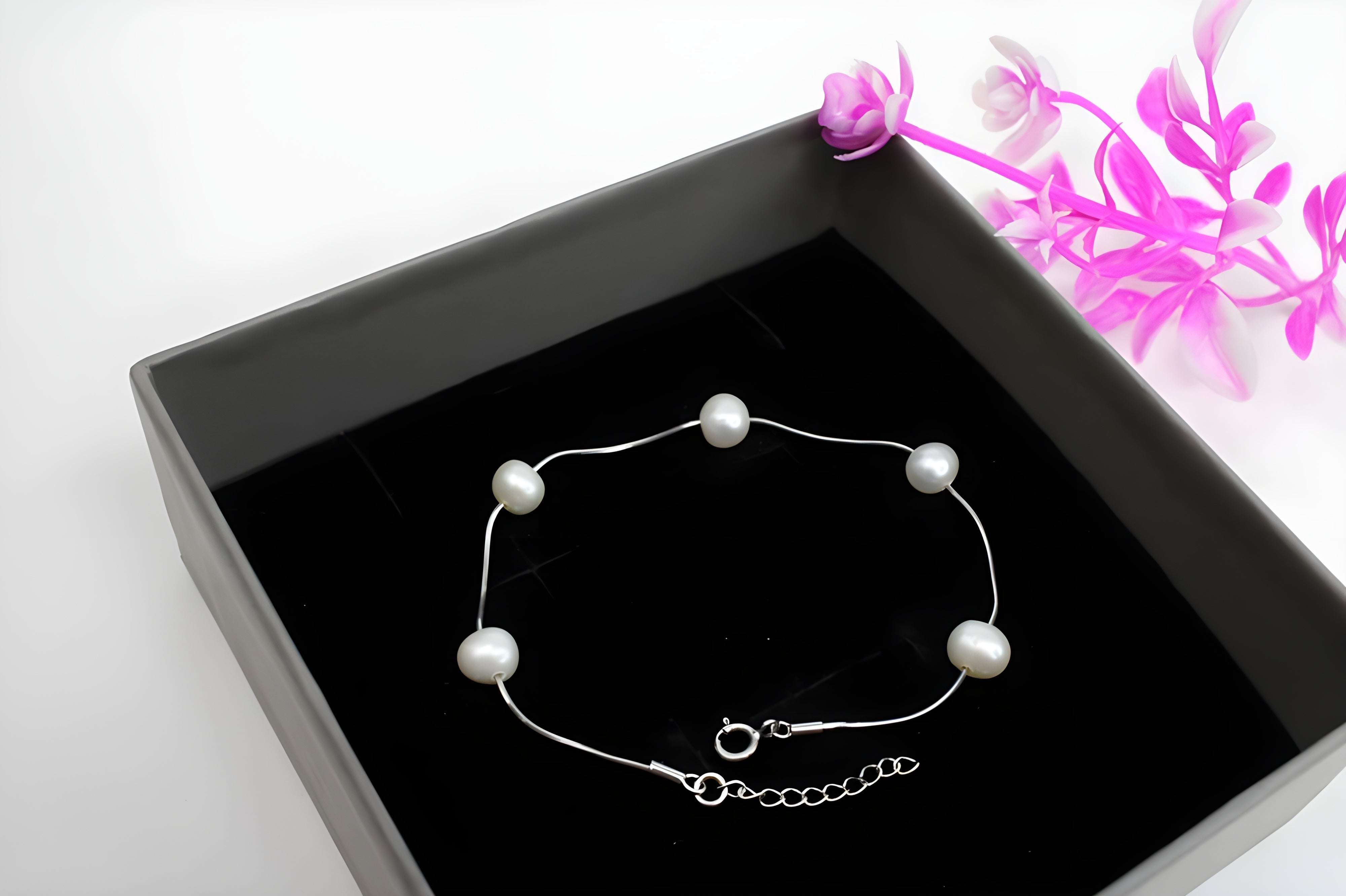 Sterling Silver VeeLux Premium Crystal White Pearl Elegance Petite Bracelet