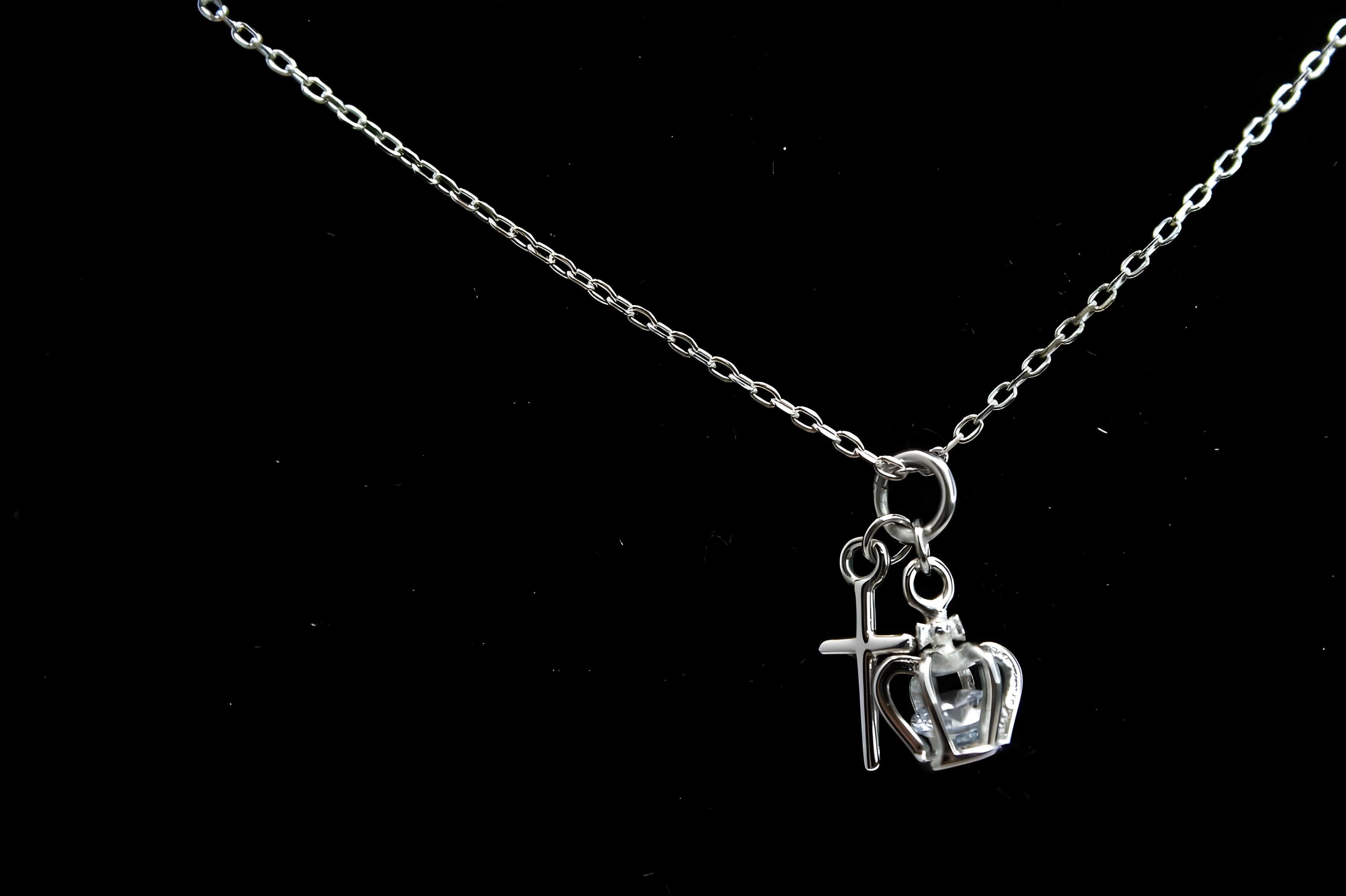 Elegant Crown and Cross Charm Pendant in Sterling Silver