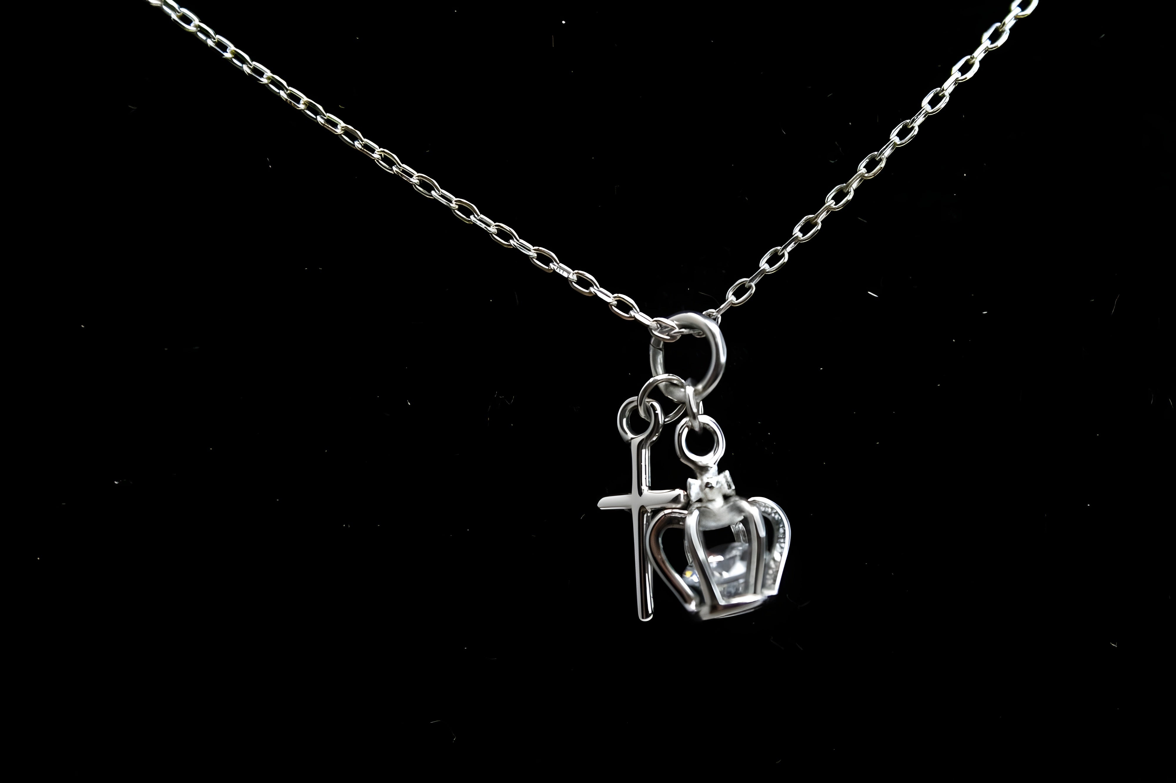 Elegant Crown and Cross Charm Pendant in Sterling Silver