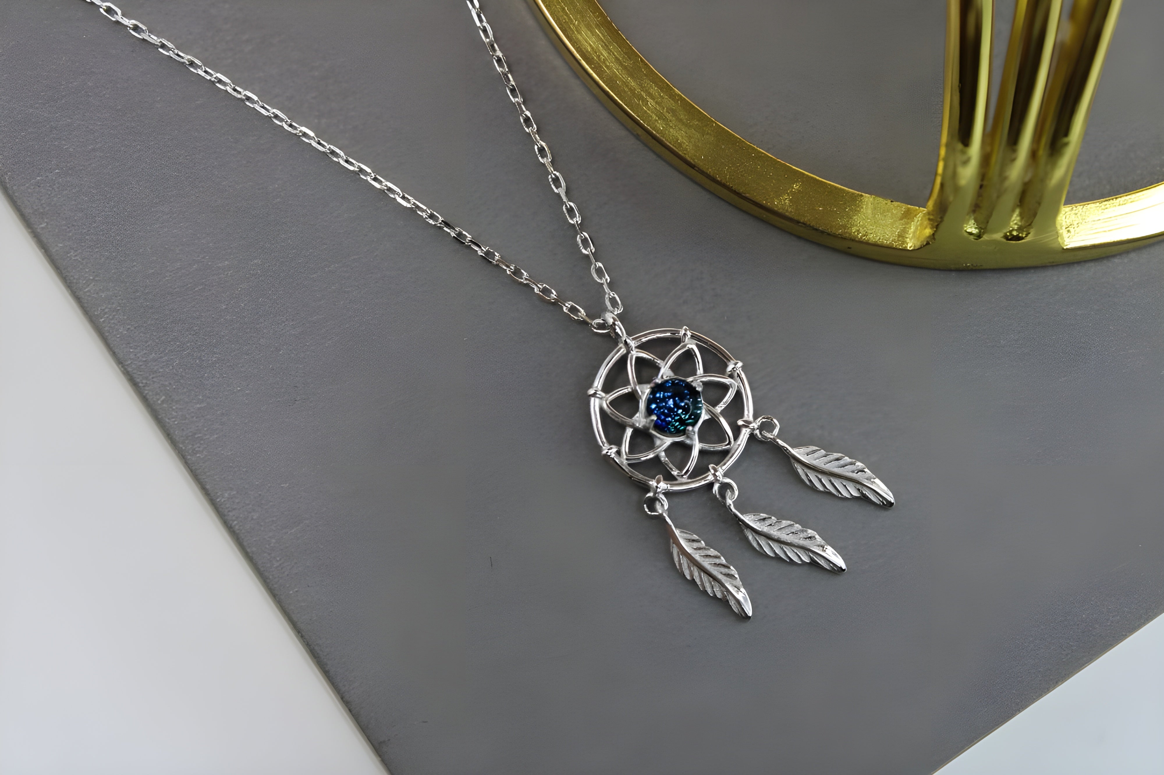 Mystical Dreamcatcher Necklace with Sterling Silver Feathers