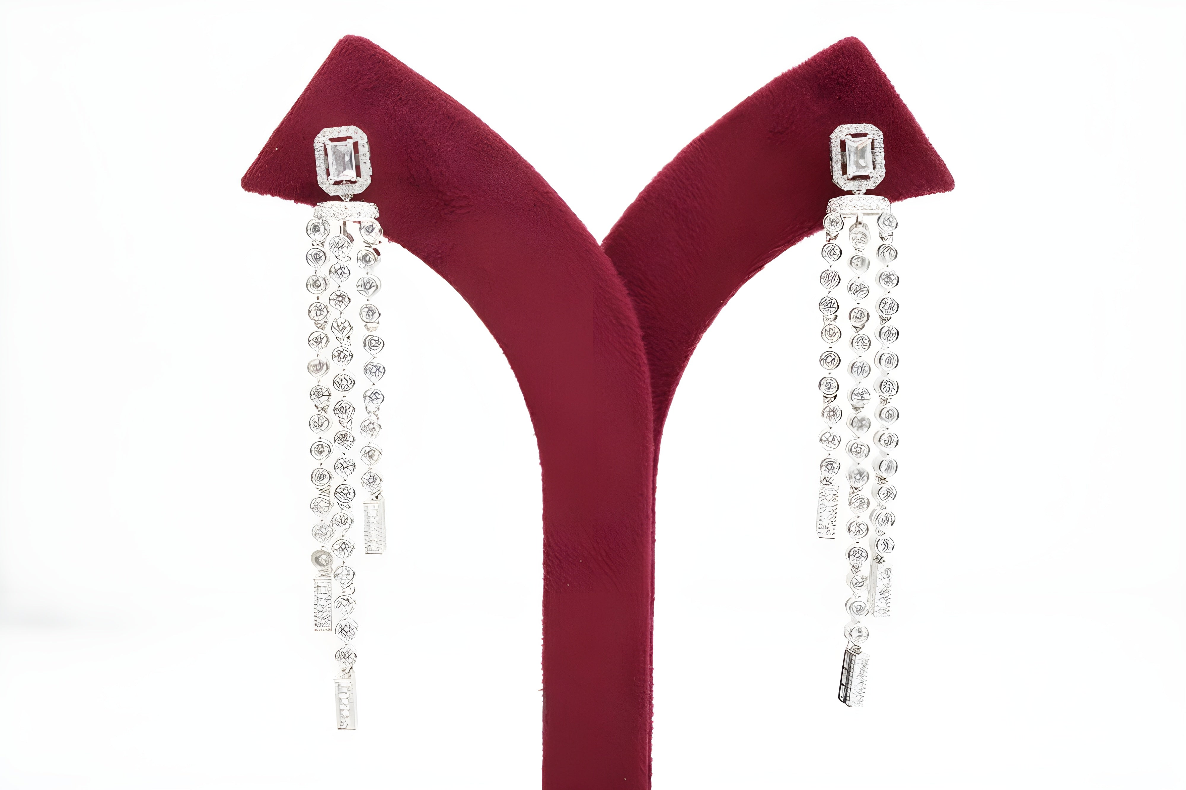 Elegant Square Crystal Design Long Earrings with Hanging Diamond Accents