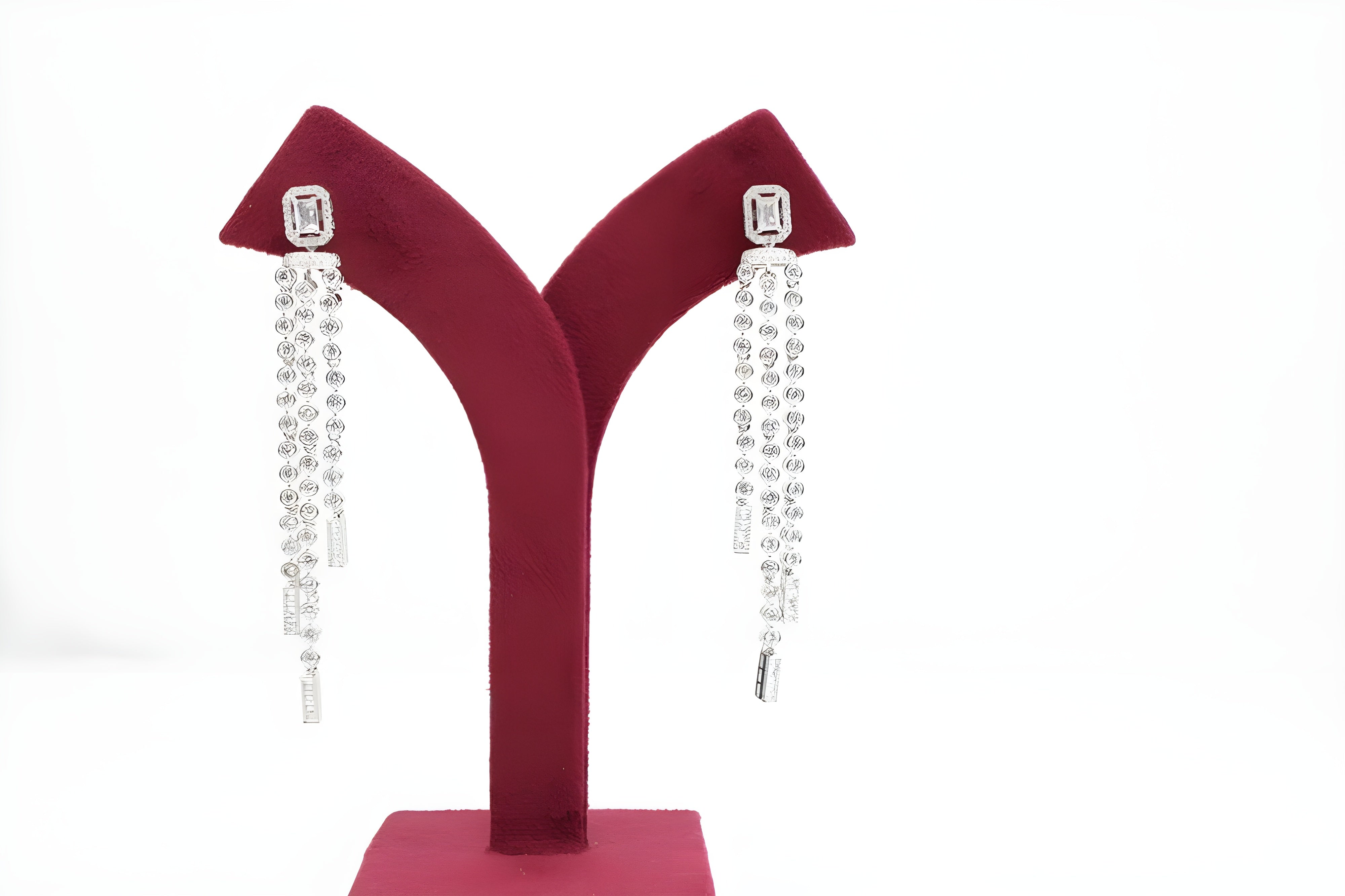 Elegant Square Crystal Design Long Earrings with Hanging Diamond Accents