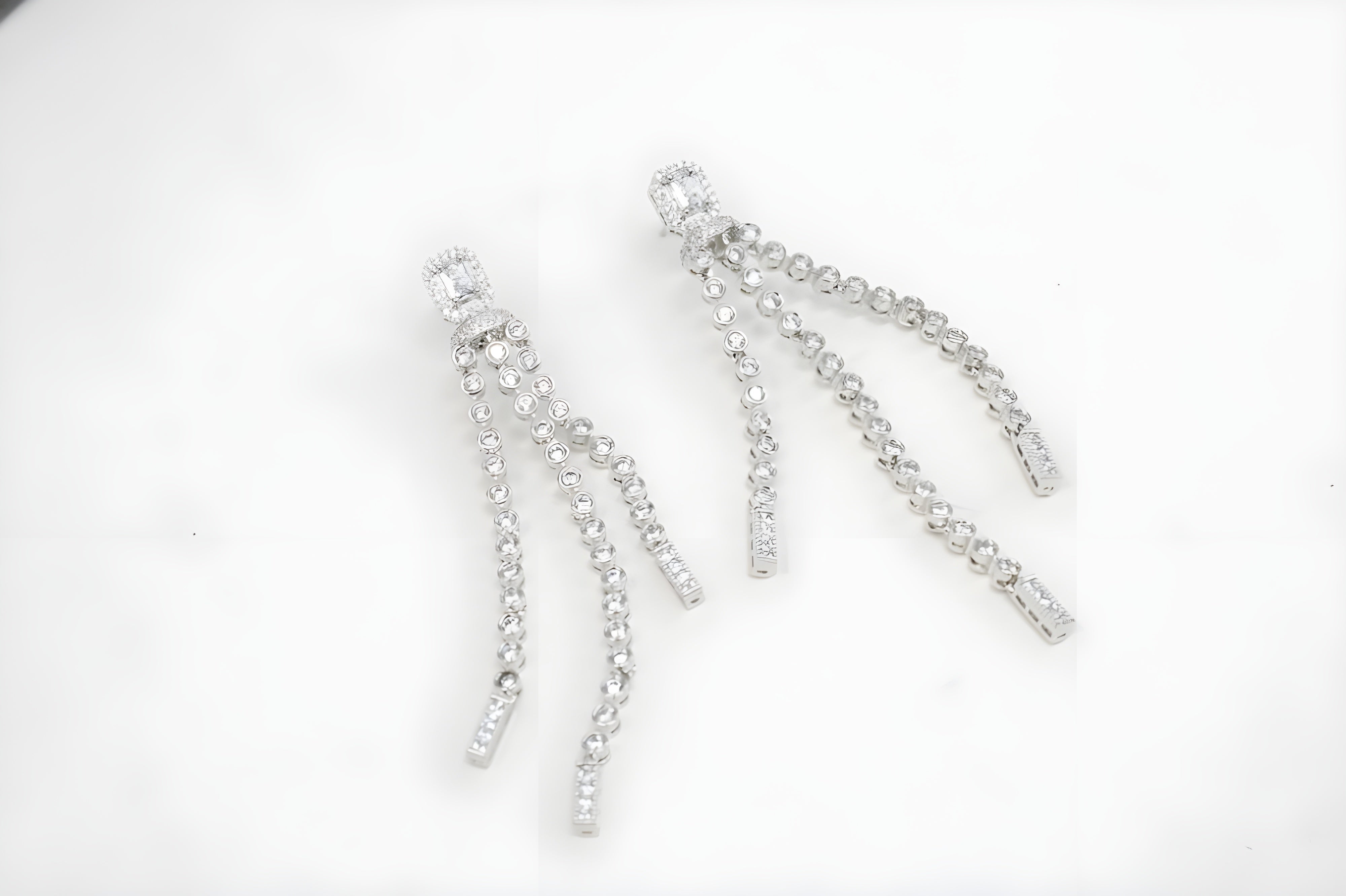 Elegant Square Crystal Design Long Earrings with Hanging Diamond Accents