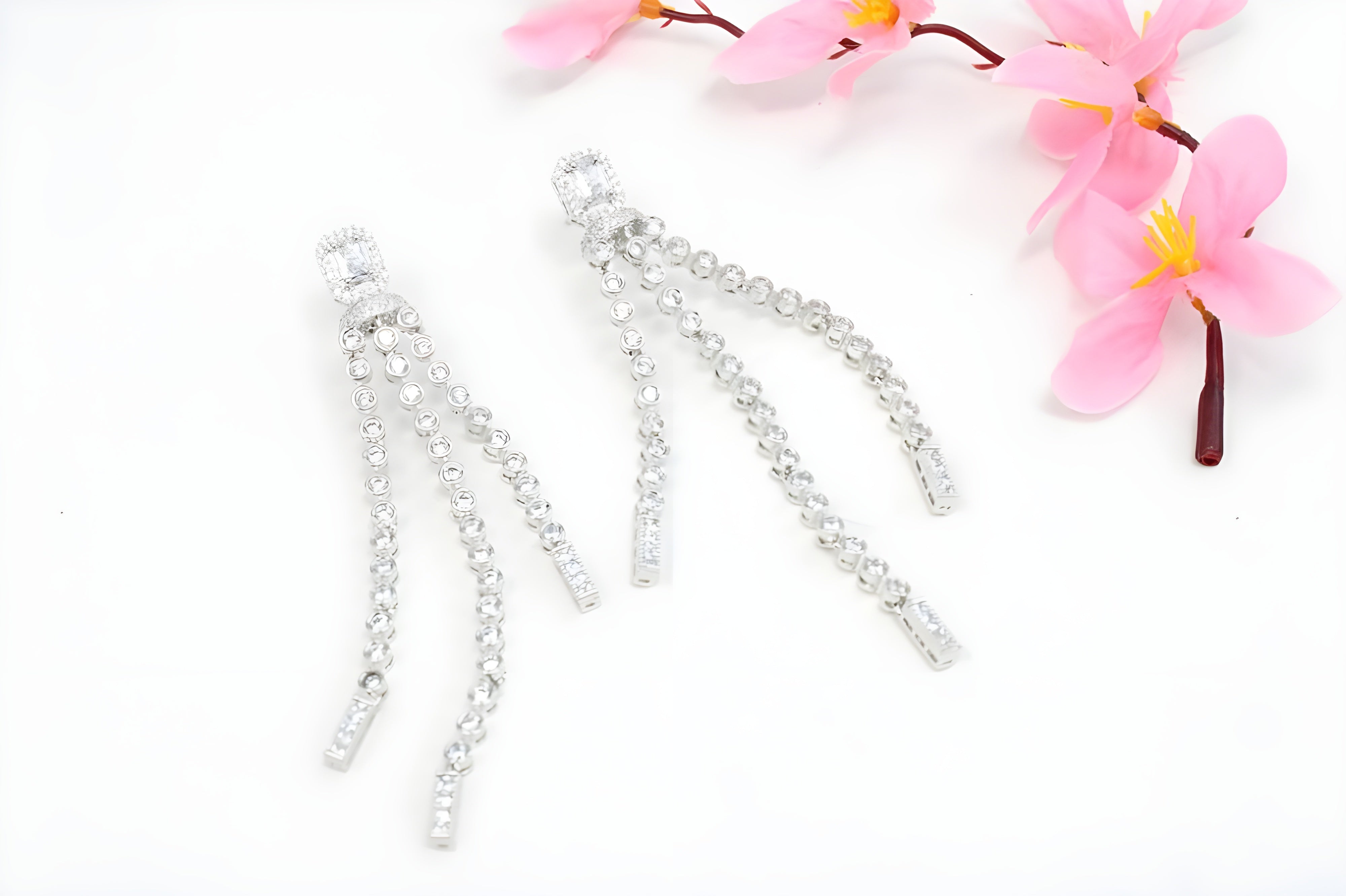 Elegant Square Crystal Design Long Earrings with Hanging Diamond Accents