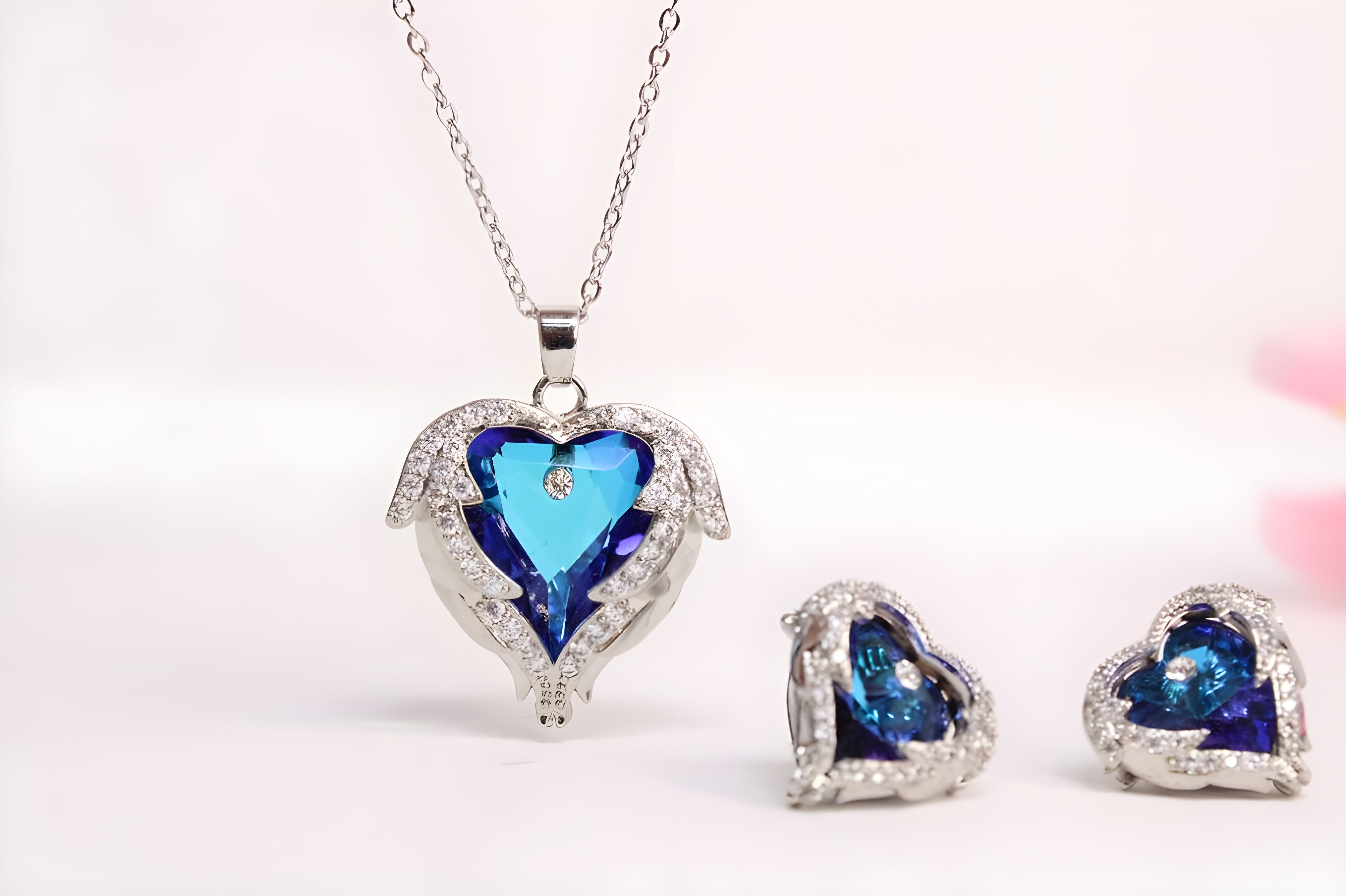 Angel Wings Blue Heart Pendant Set