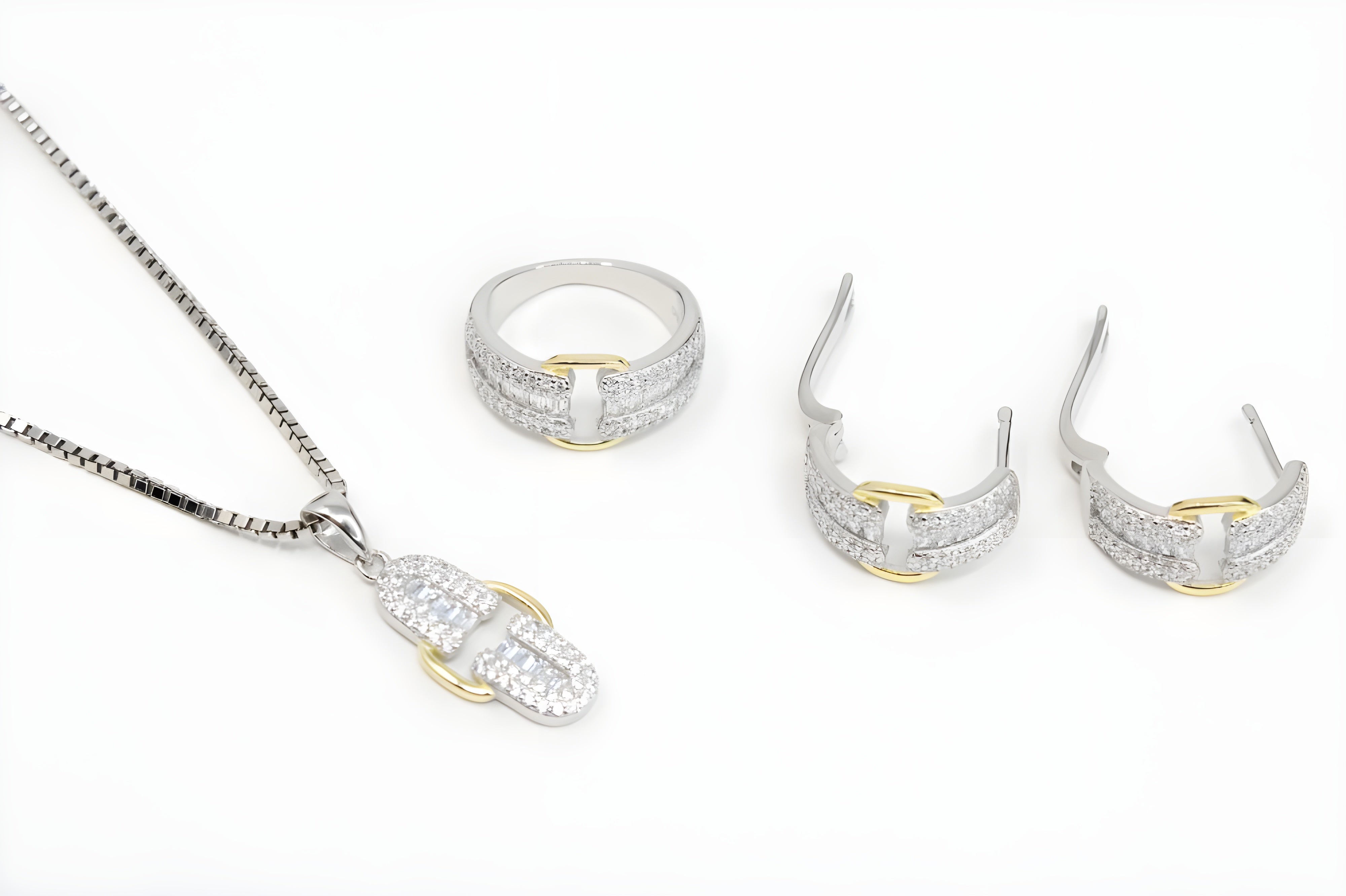 Sterling Silver Buckle Elegance Jewelry Set - Ring, Hoop Earrings & Pendant with Gold Accents and Diamonds