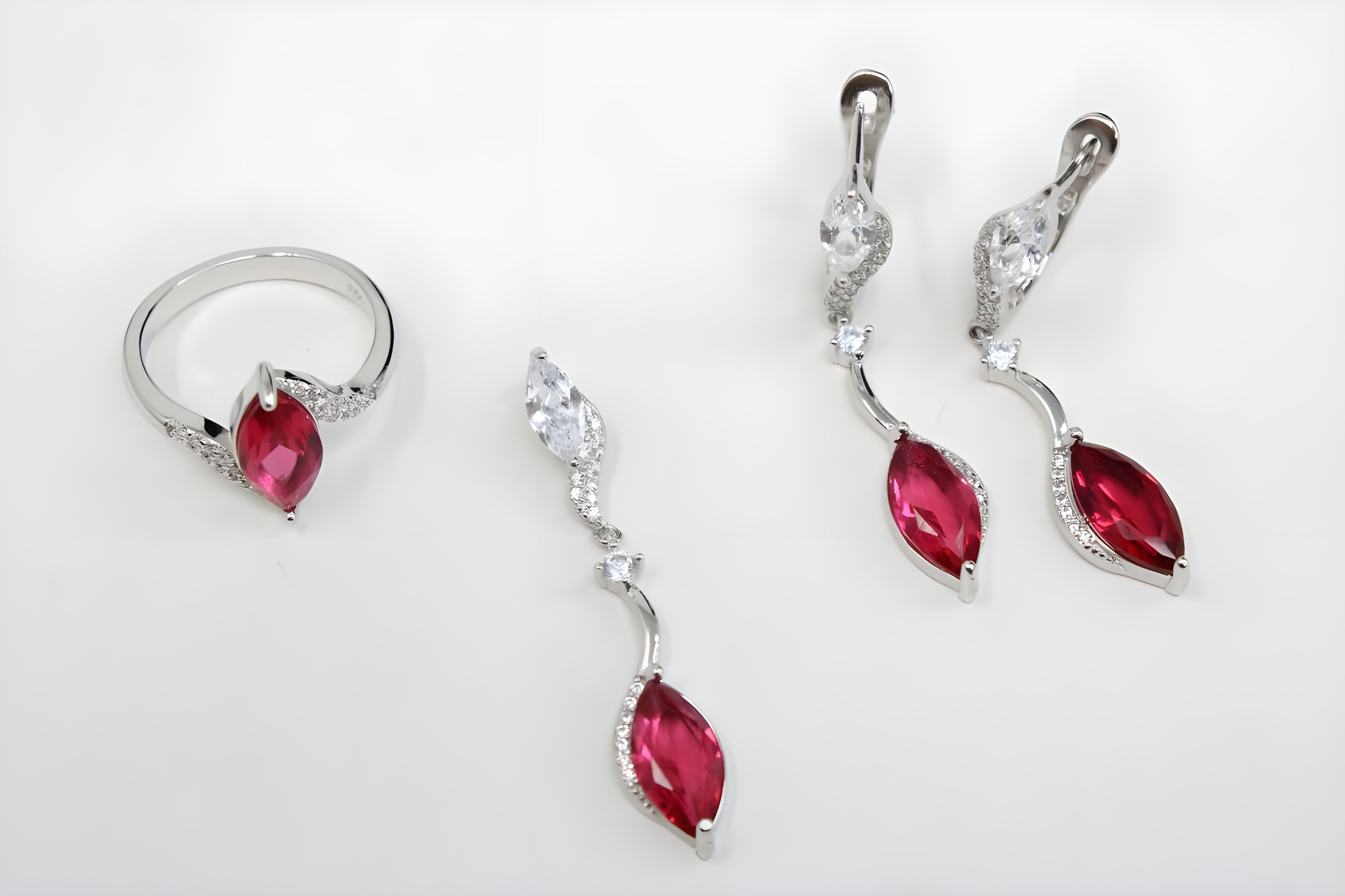 Sterling Silver Ruby Marquise Diamond Jewelry Set - Ring, Drop Earrings & Pendant with White Diamond Accents